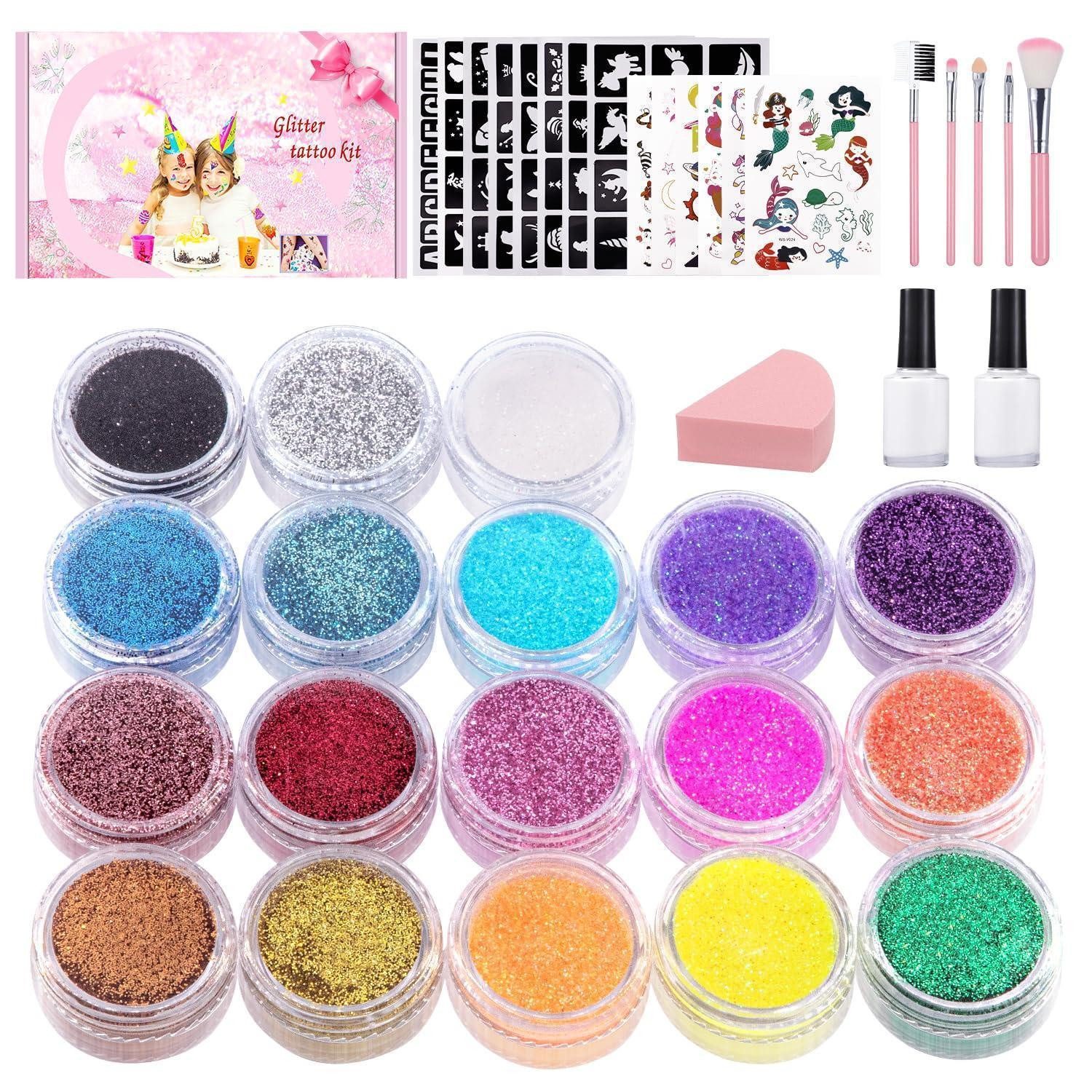 LuxusKollektion Kindertattoo Glitzertattoos Kinder Set 18 Farben Schablonen Pinsel