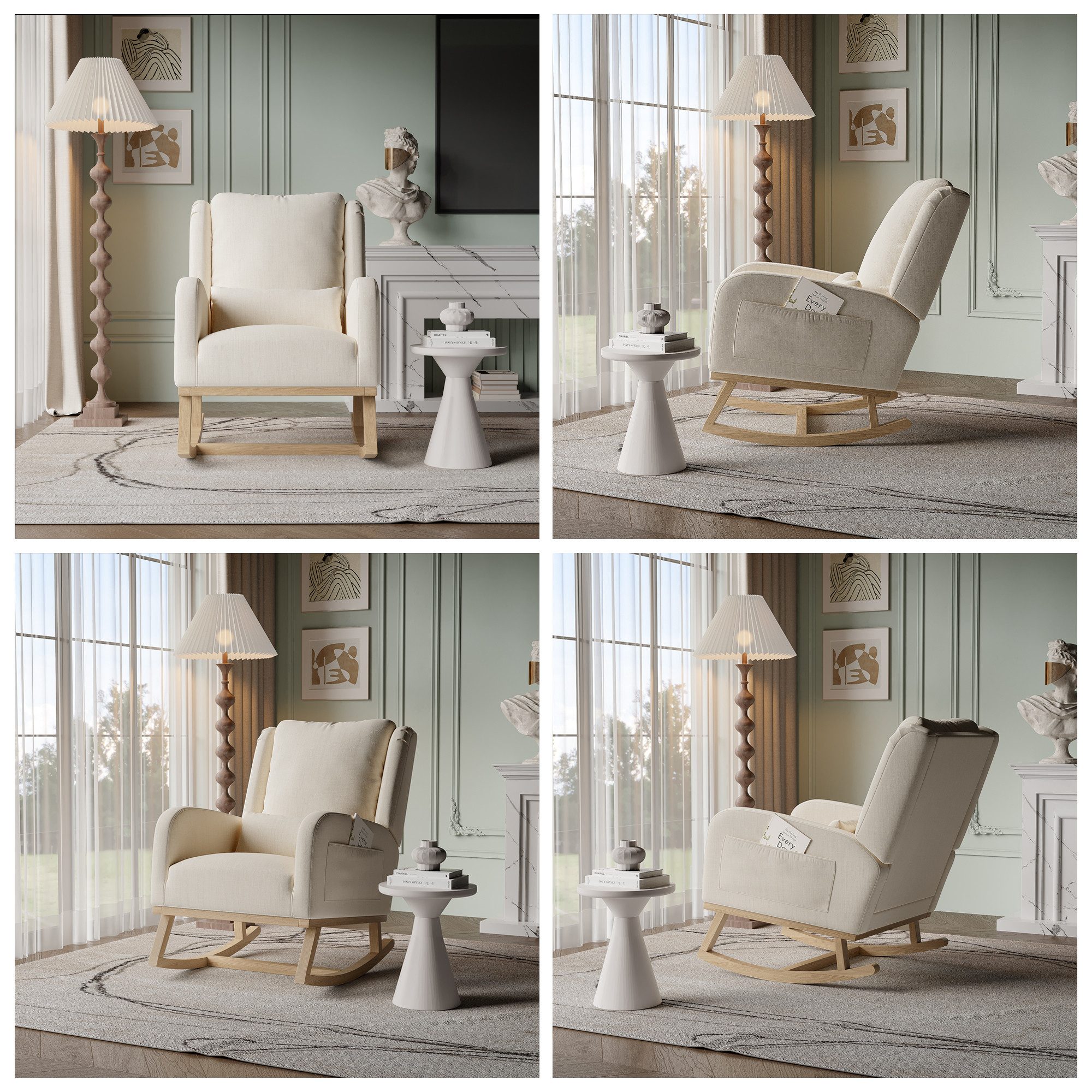 FUROKOY Schaukelstuhl Polster Relaxstuhl Leinen Schaukelsessel mit Holzsockel,2 Seitentaschen,1 Lendenkissen,Beige – Bild 5 von 5