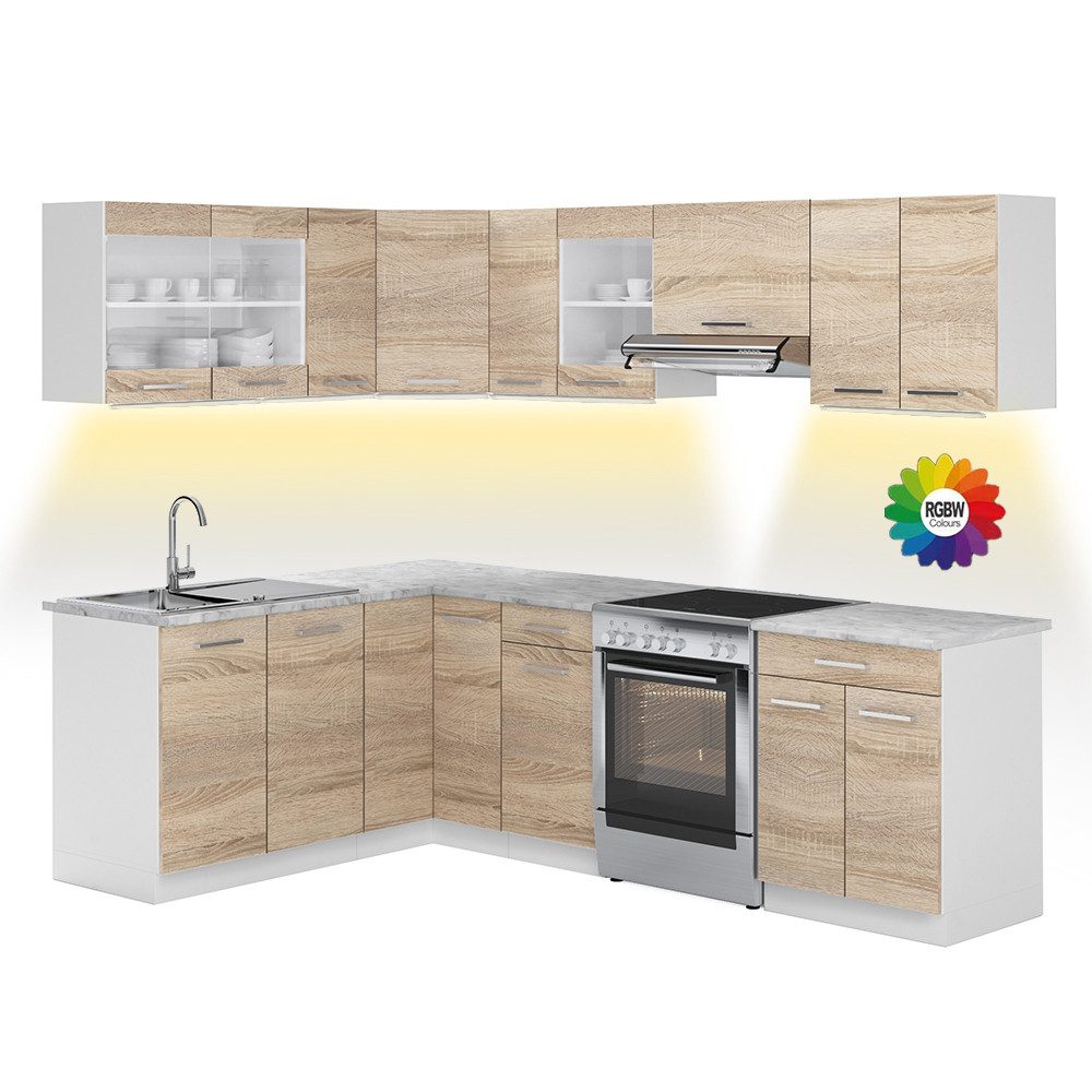 Vicco Winkelküche Rick, Weiß/Sonoma, 247 x 167 cm, AP Marmor mit LED-Leiste günstig online kaufen