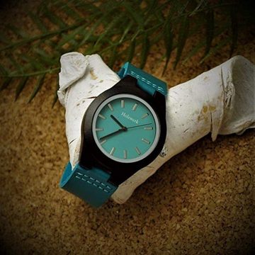 Holzwerk Quarzuhr FALKENSEE kleine Damen Leder & Holz Armband Uhr, türkis blau & schwarz