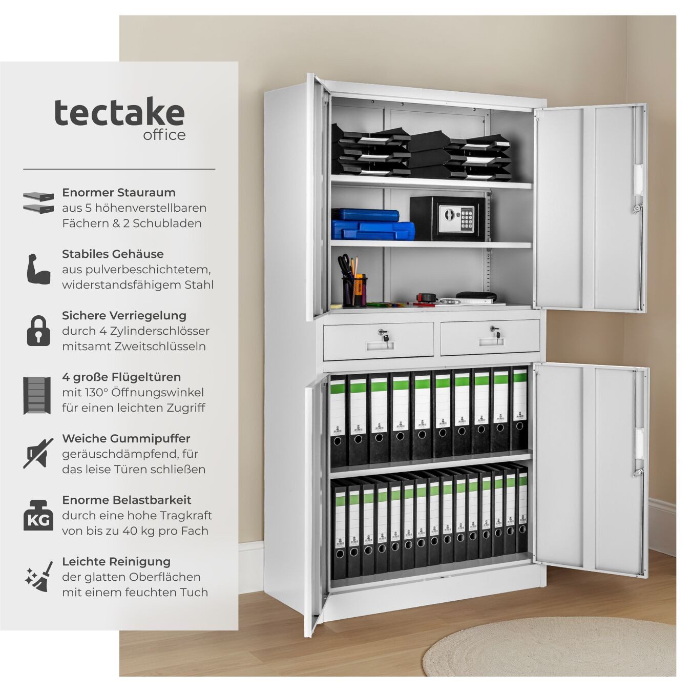 tectake Aktenschrank Büroschrank Cosmo mit 2 Schubfächern 40x80x180cm (Komp günstig online kaufen