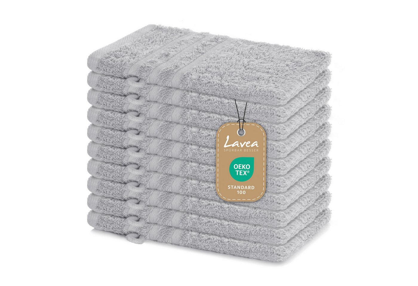 Lavea Waschhandschuh 10er Set Waschhandschuhe, 15 x 21 cm, Elena-Frottierserie, Waschlappen, 100% Baumwolle (10er Set), 500 g/m² Frottier, weich & saugstark, pflegeleicht