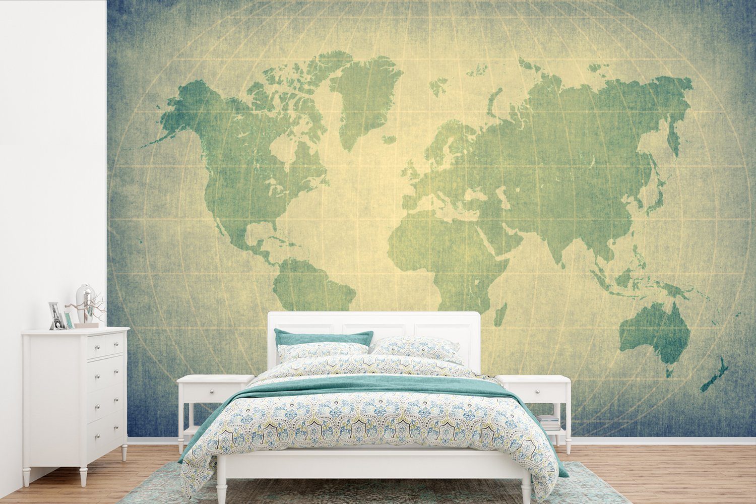 Weltkarte - MuchoWow für (6 bedruckt, - - Vinyl Tapete Wohnzimmer, Schlafzimmer, Kinderzimmer, Mädchen, Fototapete St), Wallpaper Jungen Kinder - Matt, Globus Grün -