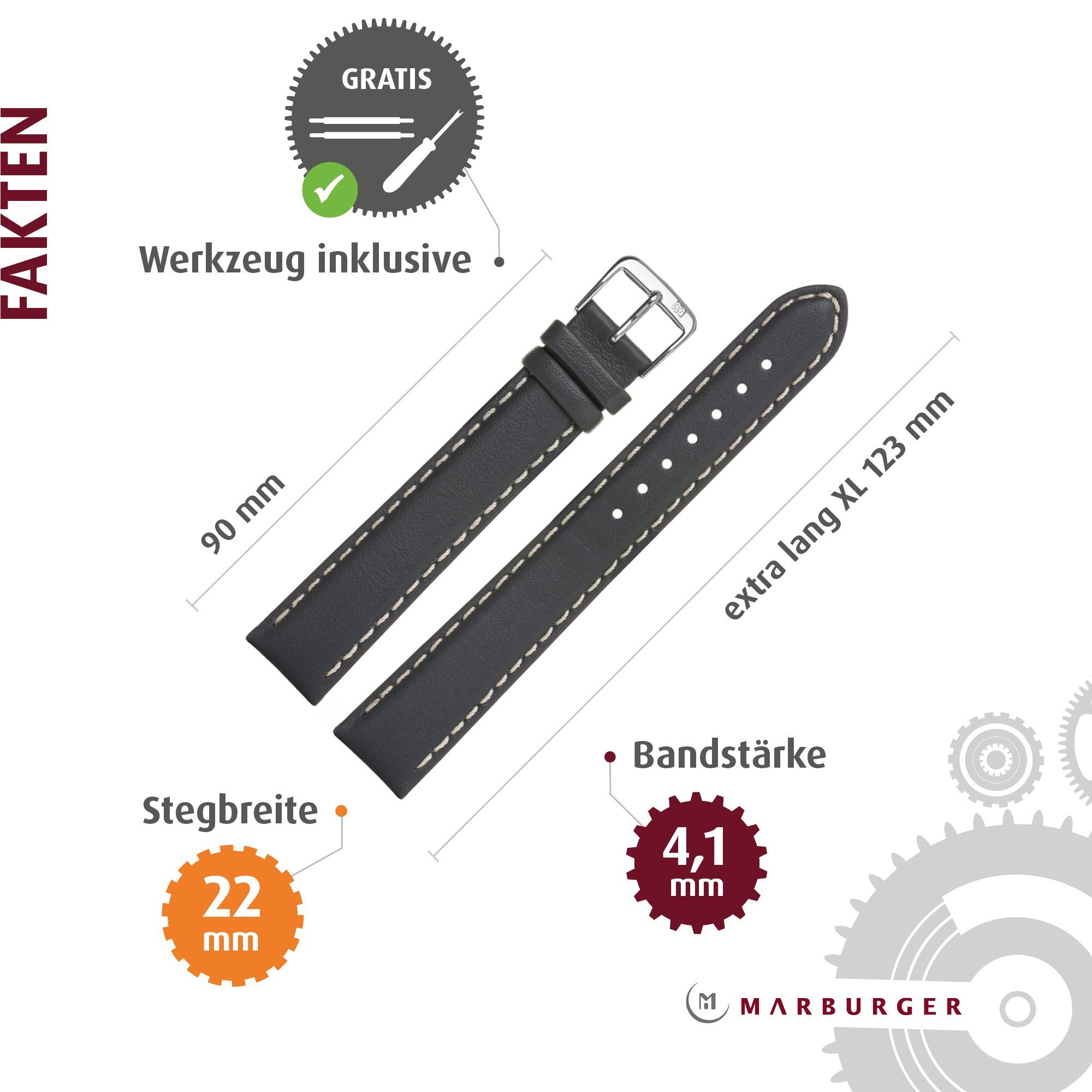 MARBURGER Uhrenarmband 22mm Leder XL Extra Lang
