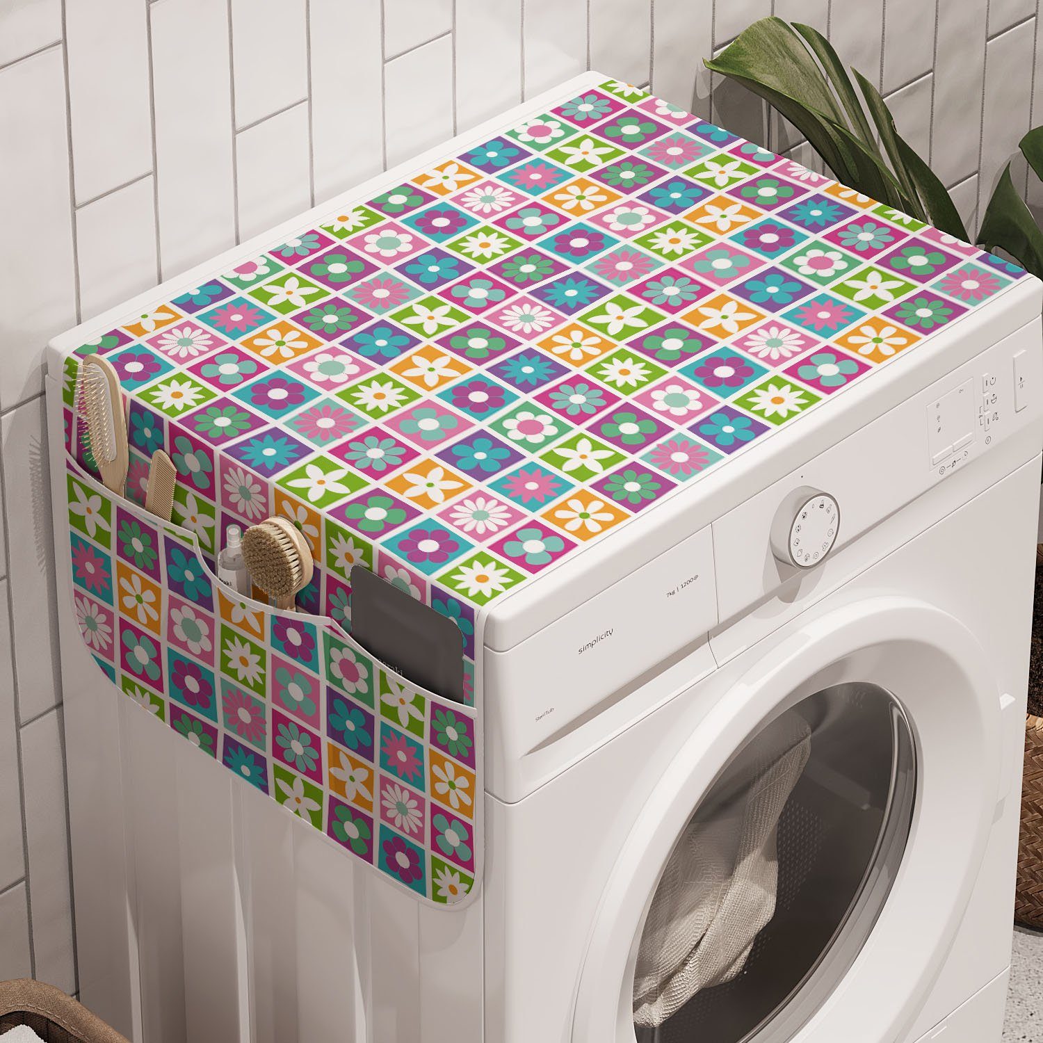 Abakuhaus Badorganizer Anti-Rutsch-Stoffabdeckung für Waschmaschine und Trockner, Blumen Blumen in Quadrate Motiv