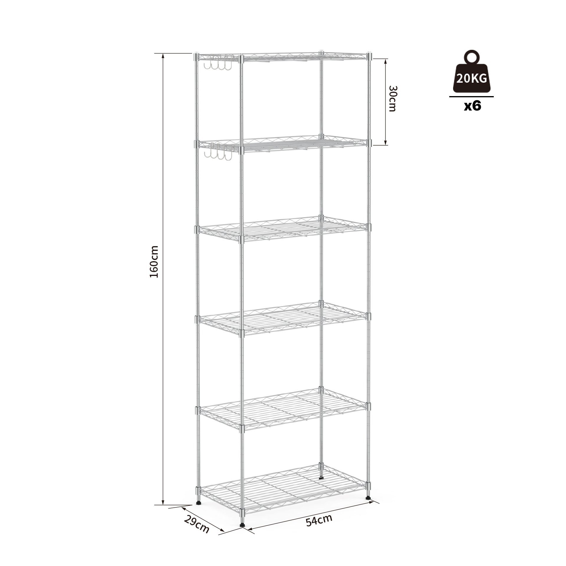 Mondeer Regal Aufbewahrungsregal, 6-Stufiges, 160cm, mit 8-Haken, PP-Trennwand – Bild 5 von 5