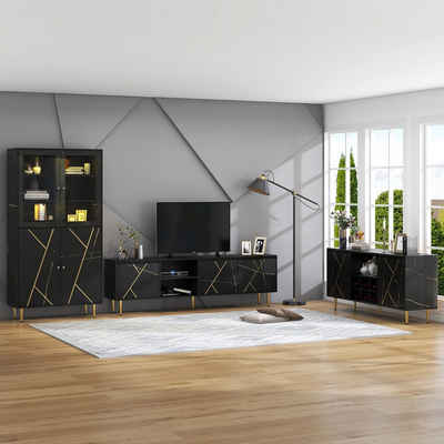 BlingBin Wohnzimmer-Set 3er-Set Wohnzimmermöbel, (1-St., TV-Schrank, Vitrine und Beistelltisch mit Weinkühler), schwarz-goldenes Farbschema, zeitgenössischer Stil