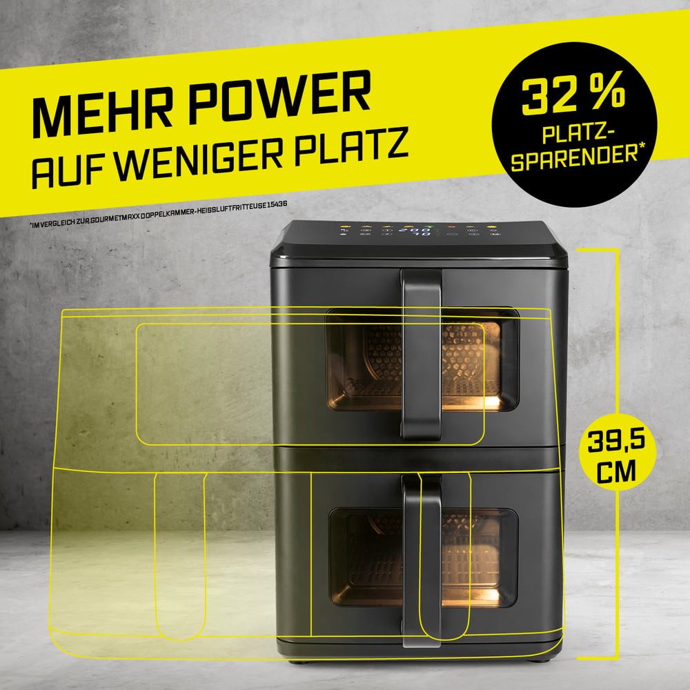 GOURMETmaxx Heißluftfritteuse Vertikale Doppelkammer-Heißluftfritteuse - 10 L - LED-Touchdisplay, 2400 W, GOURMETmaxx FryUp Vertikale Doppelkammer-Heißluftfritteuse