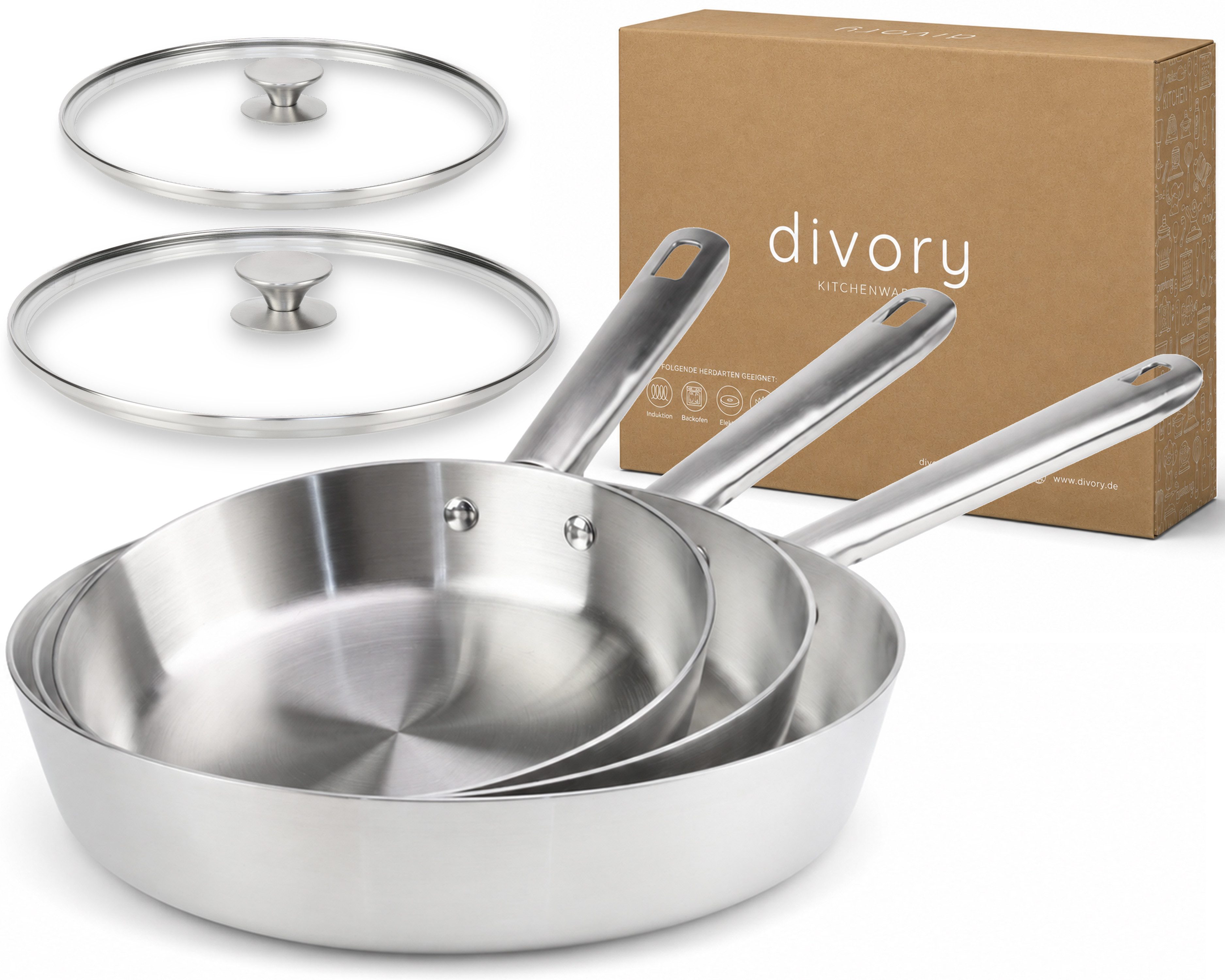 divory Pfannen-Set Edelstahl-Pfannenset, unbeschichtet, 20/24/28 cm & 2 Deckel, Edelstahl (5-tlg)
