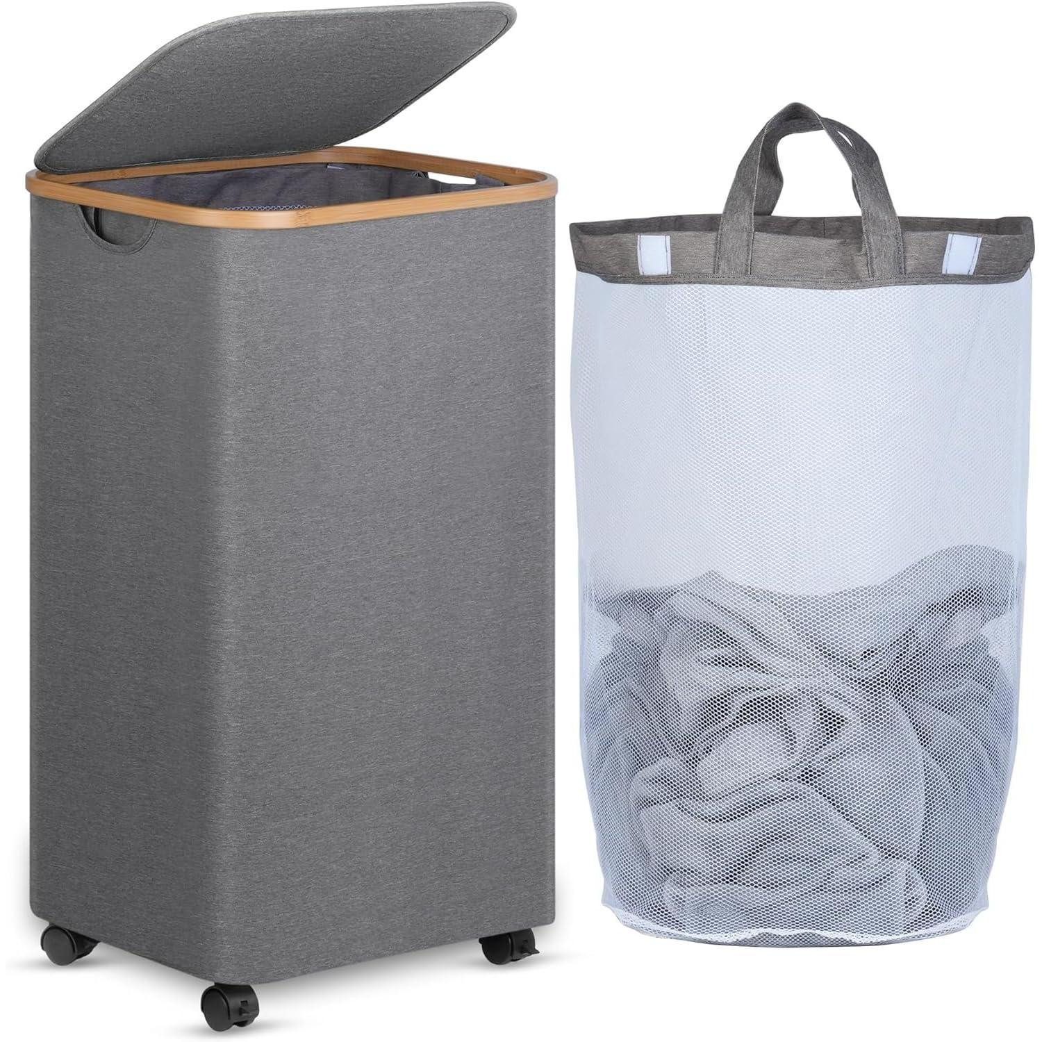 LuxusKollektion Wäschekorb Wäschekorb XL mit Rollen und Deckel, 100L, Grau Bambus Waschkorb