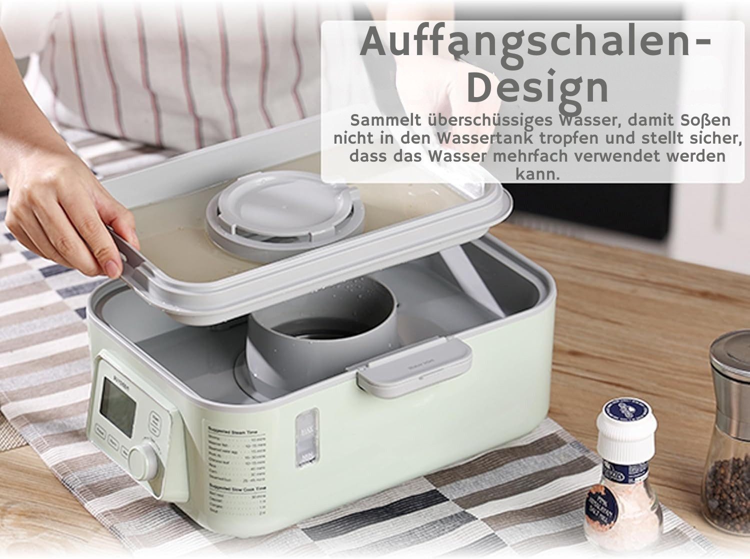 BUYDEEM Multikocher Multifunktionaler 5-in-1 Dampfgarer mit 6 Programmen, 1000 W, 5 oder 10 L Kapazität, Timer bis 18 Std., Anti-Tropf-Deckel & Zubehör – Bild 5 von 5