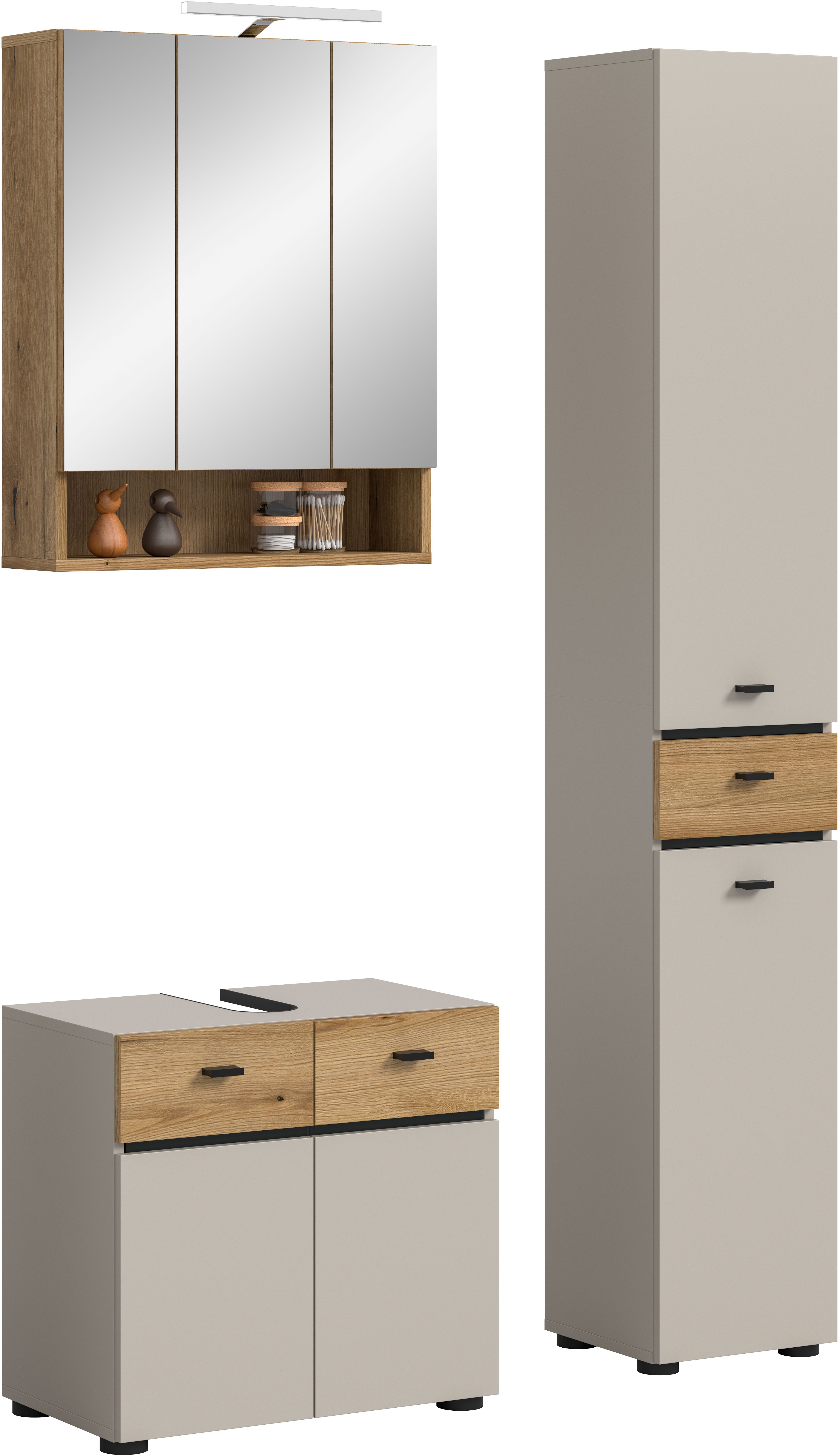 welltime Badmöbel-Set VANN, 3-teilige moderne Badkombination, inkl. Beleuchtung, (3-St., Waschbeckenunterschrank, Spiegelschrank inkl. Beleuchtung, Hochschrank), Bad-Kombination, Bad-Möbel, Badezimmer, Kombination, Kombi, Bad-Set