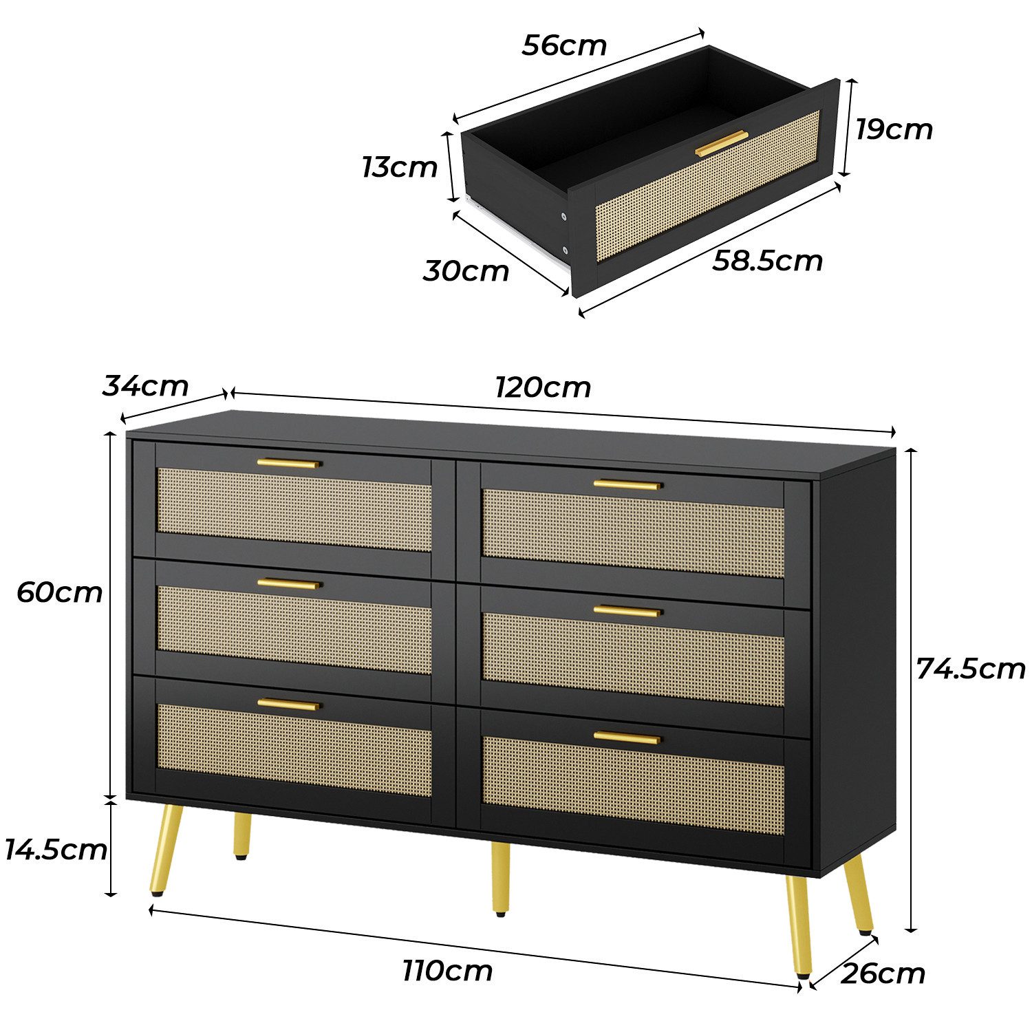 HOMSEE Kommode mit 6 Schubladen, Schwarz, MDF, 120x34x74,5 cm (1 St), Ideal für Wohnzimmer, Schlafzimmer oder Flur