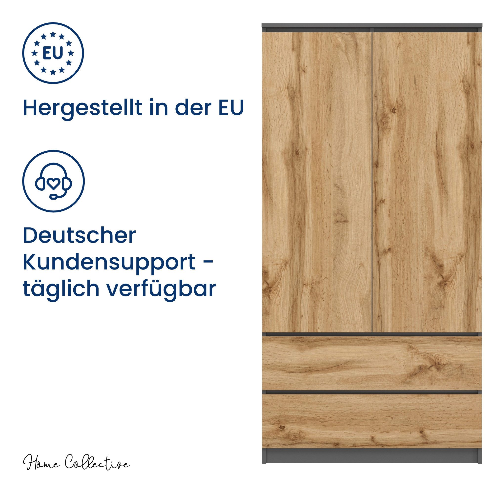 Home Collective Kleiderschrank Schrank 90cm breit mit 2 Schubladen, 3 Einlegeböden und Kleiderstange (Haushaltsschrank Schrank Organizer für Schlafzimmer Flur K – Bild 5 von 5