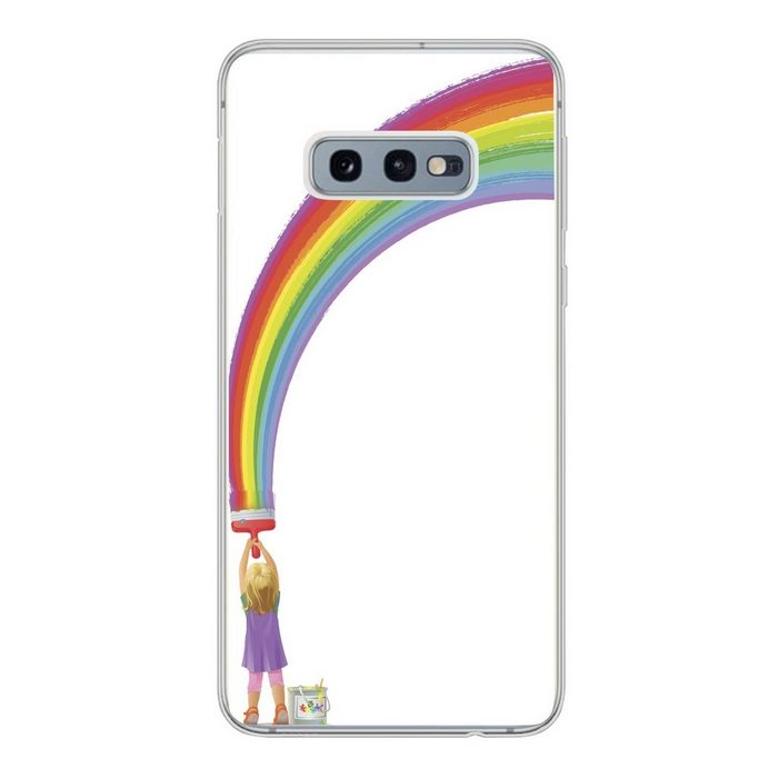 MuchoWow Handyhülle Eine Illustration eines Mädchens das einen Regenbogen malt Phone Case Handyhülle Samsung Galaxy S10e Silikon Schutzhülle