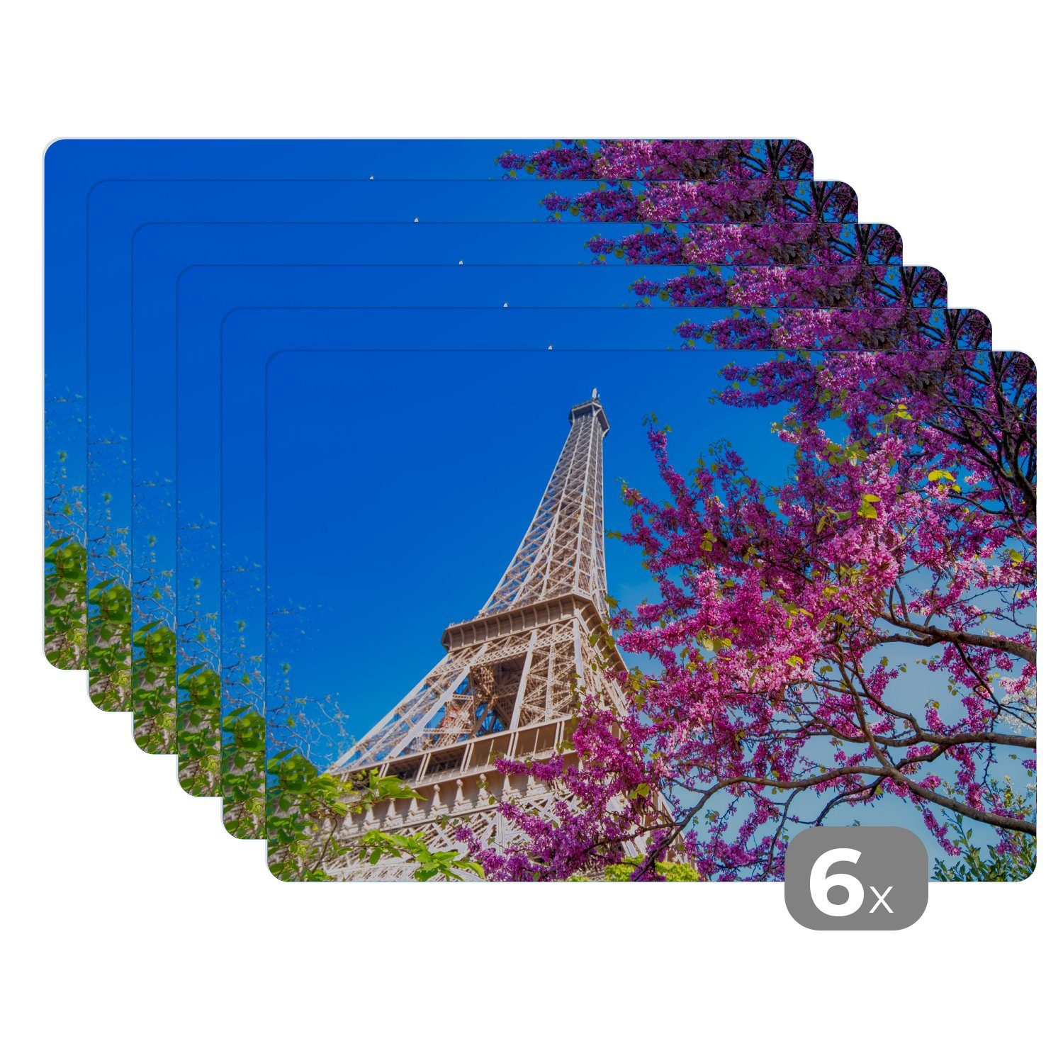 Platzset, Der Eiffelturm mit einem einzigartigen rosafarbenen Baum, der dem Bild, MuchoWow, (6-St), Platzset, Platzdecken, Platzmatte, Tischmatten, Schmutzabweisend