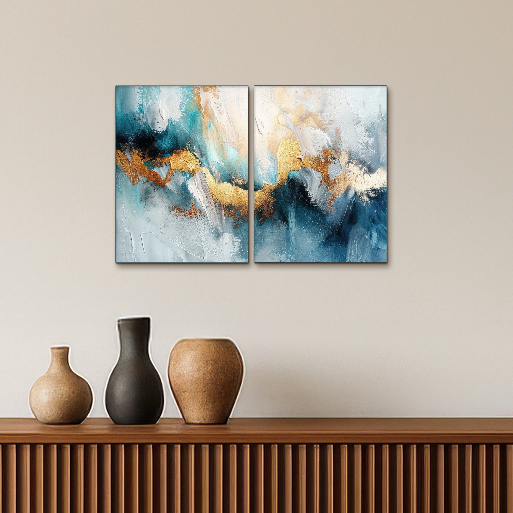 MuchoWow Leinwandbild Blau - Abstrakt - Weiß - Gold - Farbe, Fotodruck (2 St), Wand Bilder 2 Set, Deko Schlafzimmer Wohnzimmer Flur 60x40 cm – Bild 5 von 5
