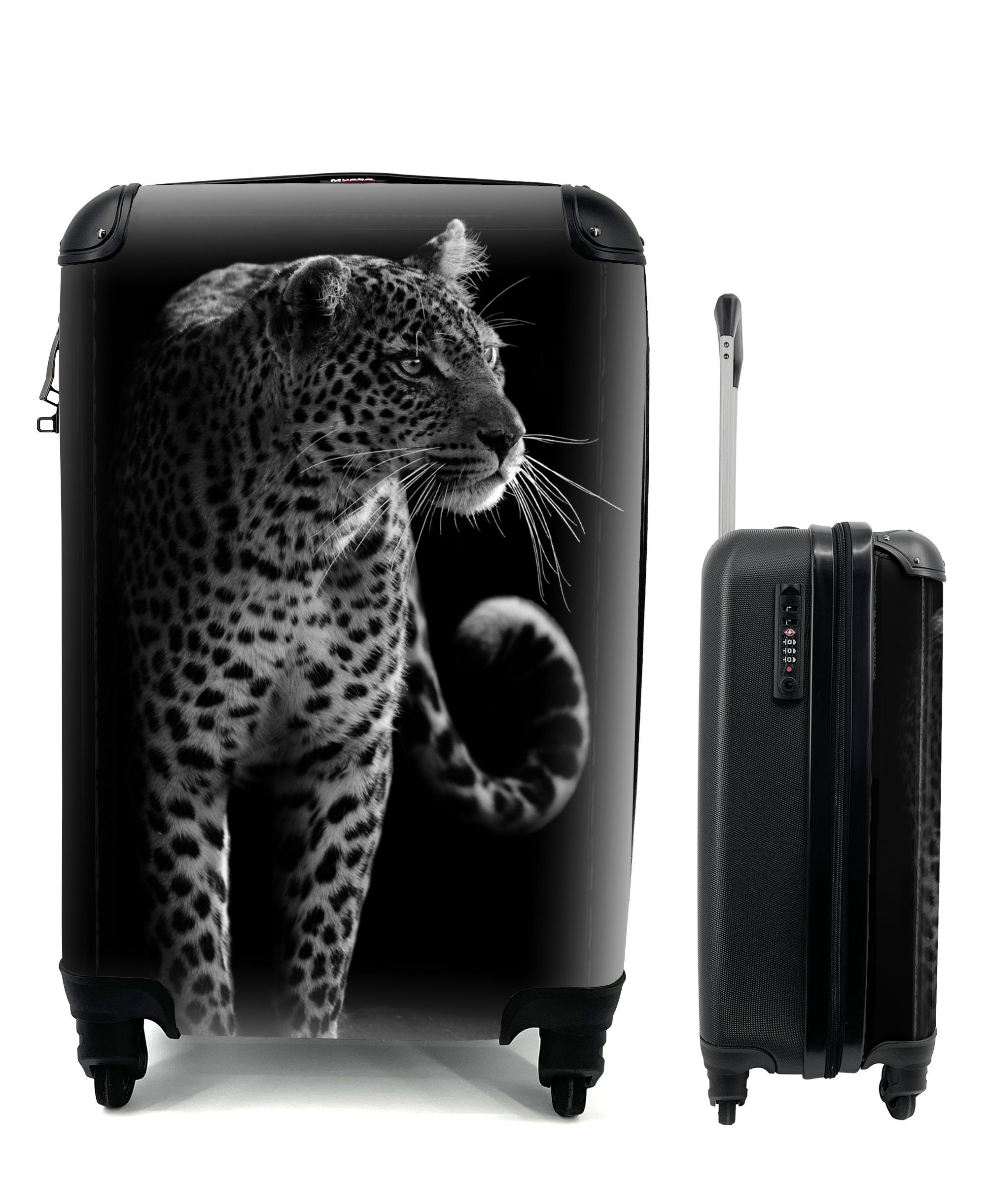 MuchoWow Handgepäckkoffer Wildtiere - Leopard - Natur - Schwarz - Weiß, 4 Rollen, Reisetasche mit rollen, Handgepäck für Ferien, Trolley, Reisekoffer