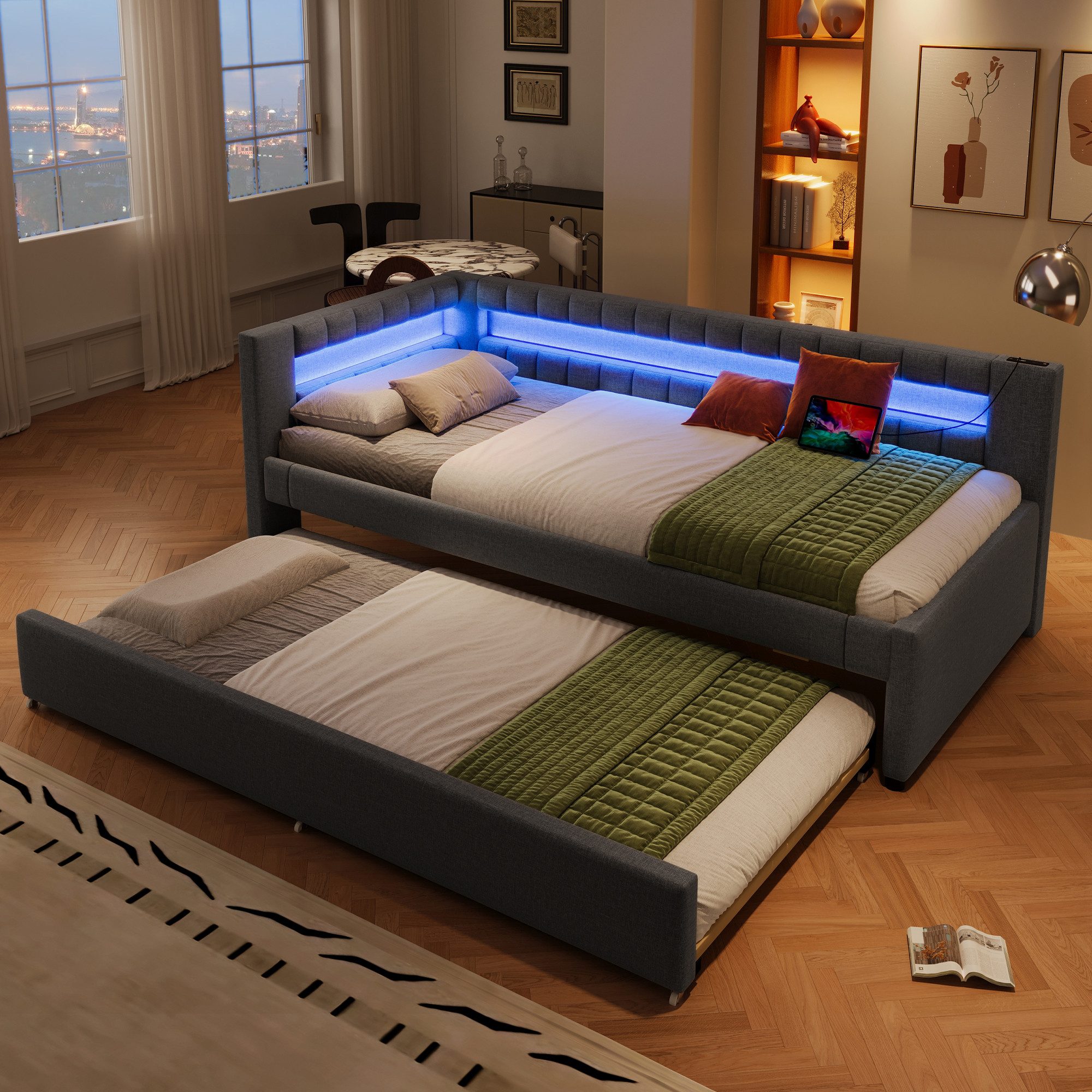 SOFTWEARY Polsterbett mit Lattenrost und Gästebett (90x200 cm, mit USB und Type-C Anschlüssen), Schlafsofa, Einzelbett, Leinen