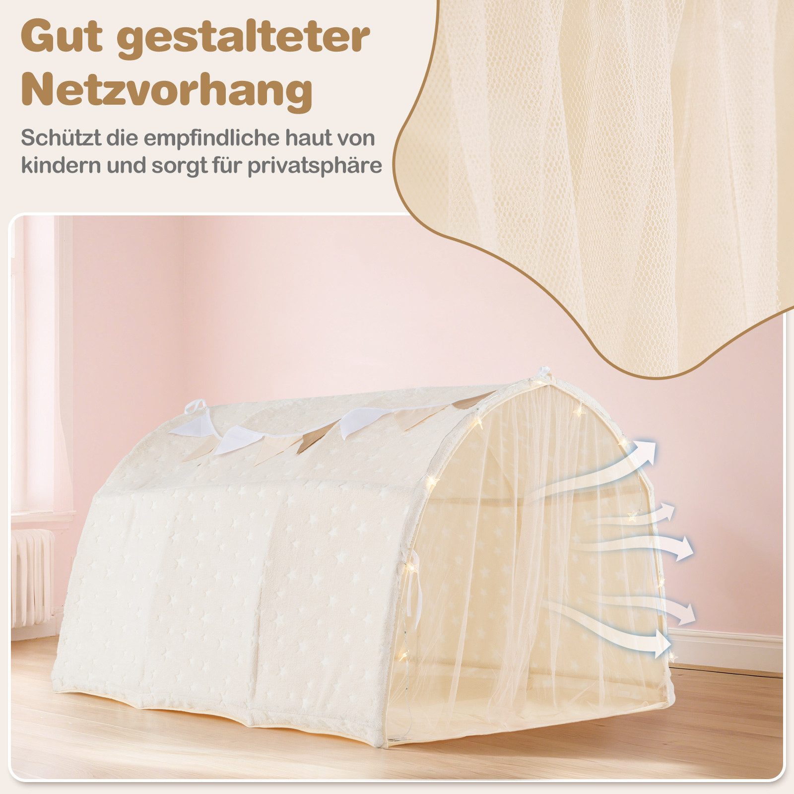 COSTWAY Bed Tent Magic Play Tent with Glow-in-the-Dark Stars & Net Curtains