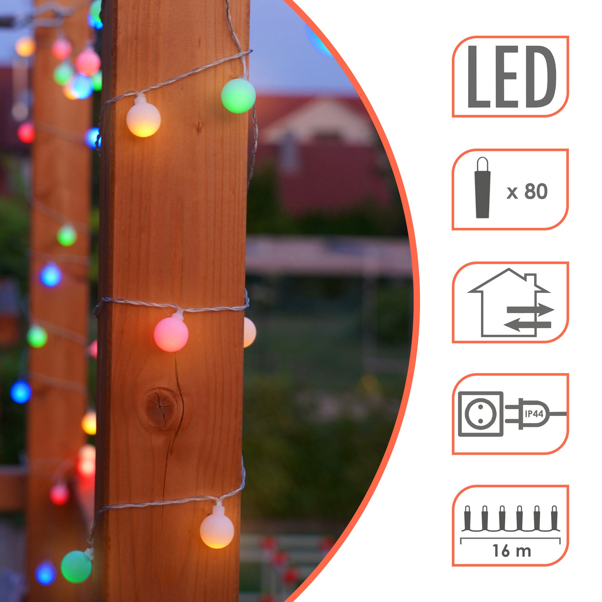 Spetebo LED-Girlande LED Party Lichterkette mit 80 Kugeln - 16 m / bunt, 80-flammig, Festbeleuchtung mit Netzteil