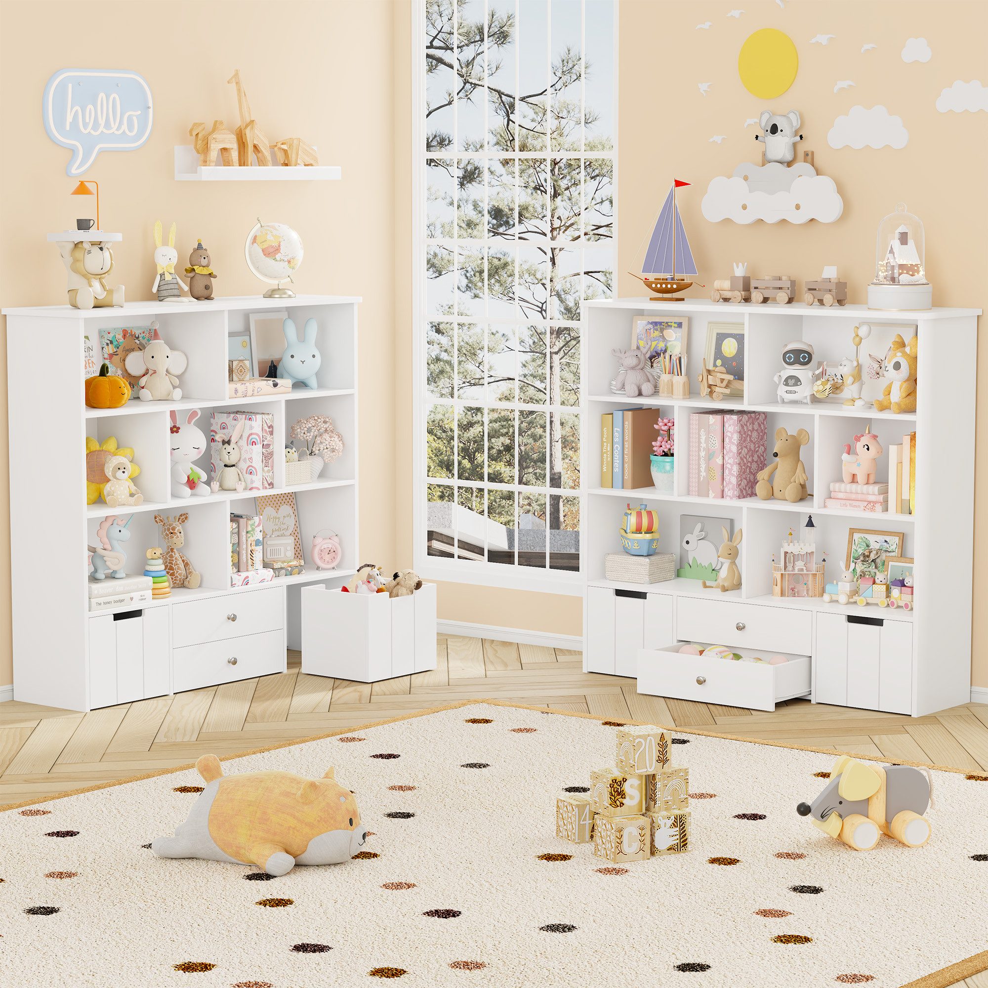 Homfa Kinderregal mit 2 Spielzeugkisten auf Rollen und 2 Schublade, Spielzeugregal mit 7 offenen Fächern Spielzeugtruhe 125x120x33cm weiß – Bild 4 von 5