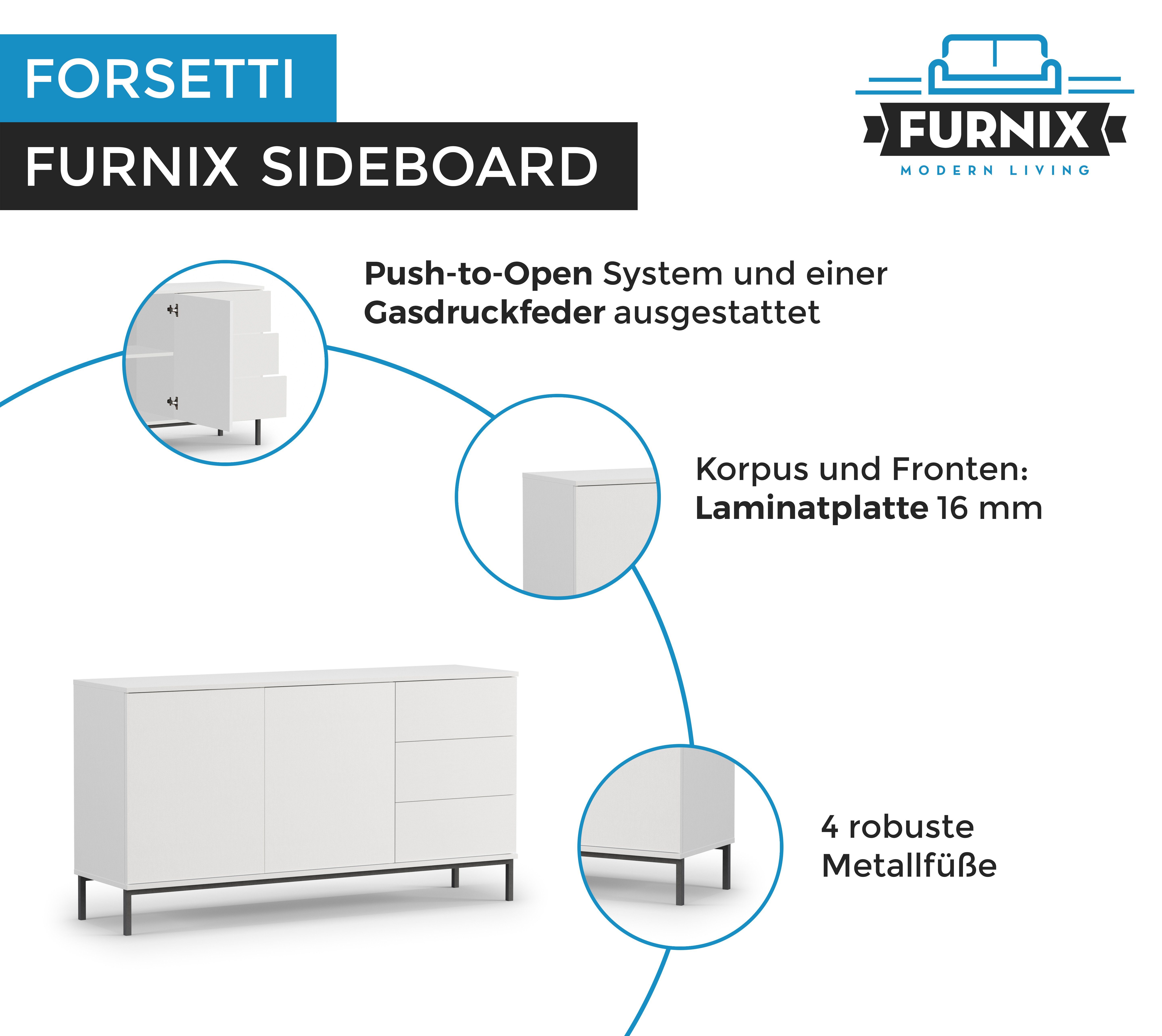 Furnix Kommode Sideboard B150 Schubladen x Weiß H80 x FORSETTI 3 cm Türen, 2 T41 matt Abmessungen: K2D3SZ Wohnzimmerkommode