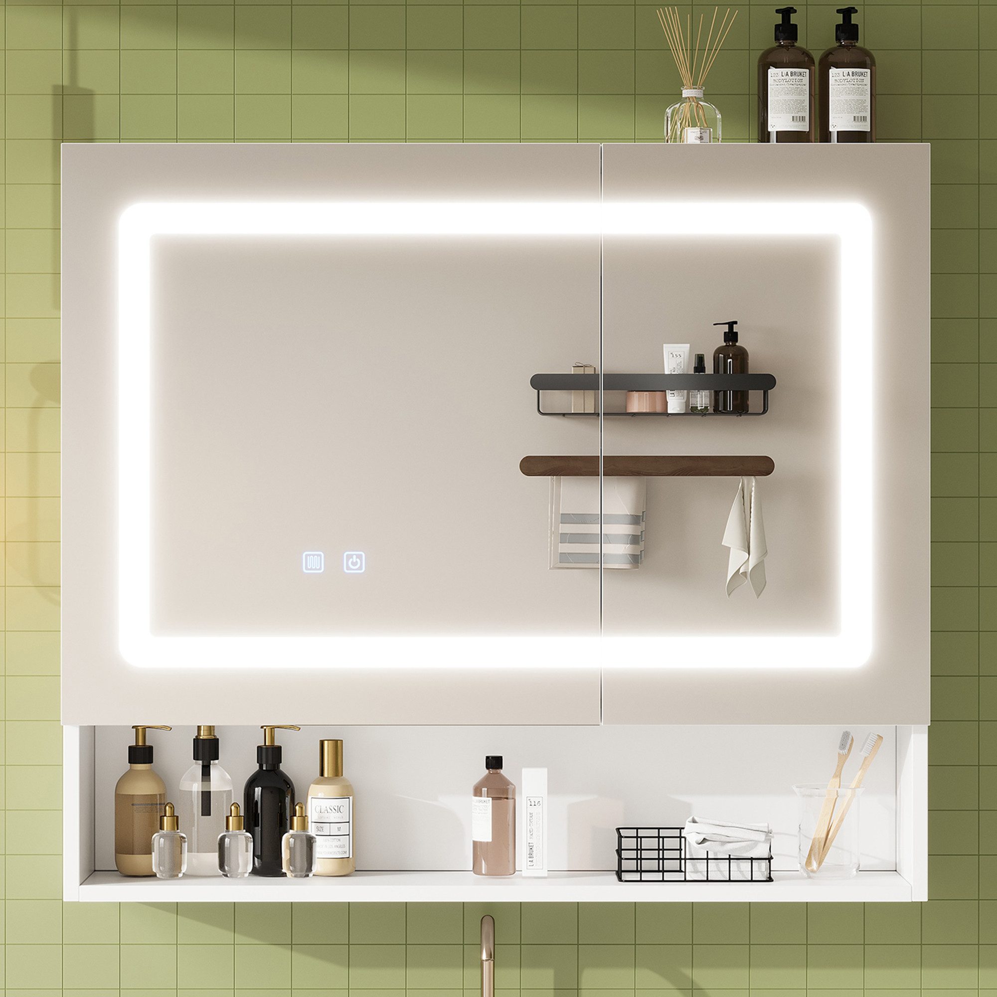 Flieks Badezimmerspiegelschrank Spiegelschrank mit Doppeltür, Ein-Knopf-Entfeuchtung, LED-Beleuchtung (80x17x70 cm, 1-St., Entnebelungsfunktion, Helligkeit einstellbar, Soft-Close-Funktion) Badezimmerschrank mit verstellbare Einlegeböden Wandschrank
