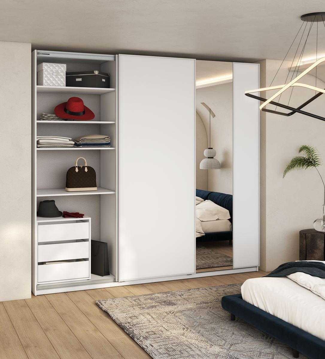 Compleo Schwebetürenschrank mit Aufhänger. Kleiderschrank mit Spiegel LAVIAS. Modern design