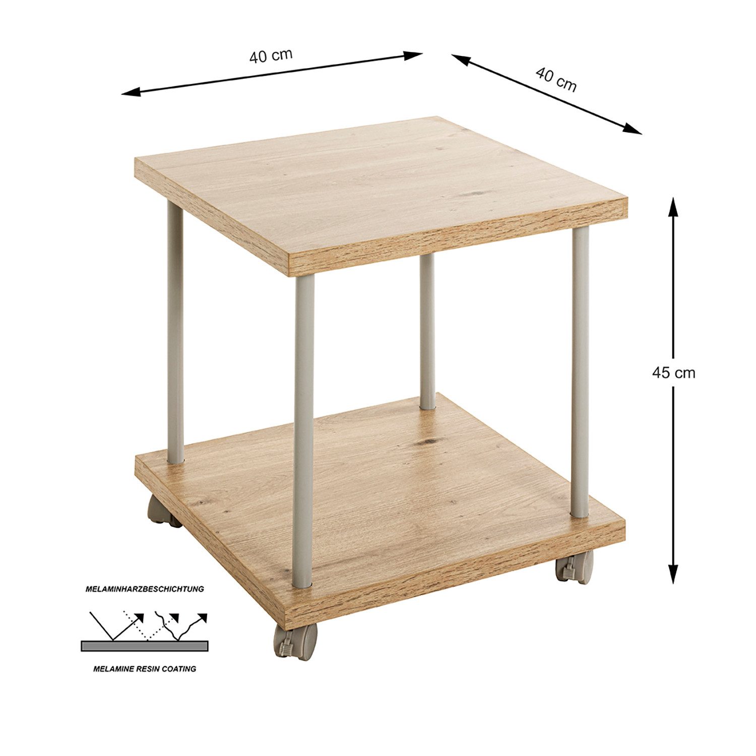 HAKU Beistelltisch Beistelltisch Eiche Kaschmirgrau-Sofatisch MDF-B 40 x H 45 x T 40 cm (1xBeistelltisch auf Rollen, Dekotisch - kleiner Tisch), Beistelltisch aus Metall