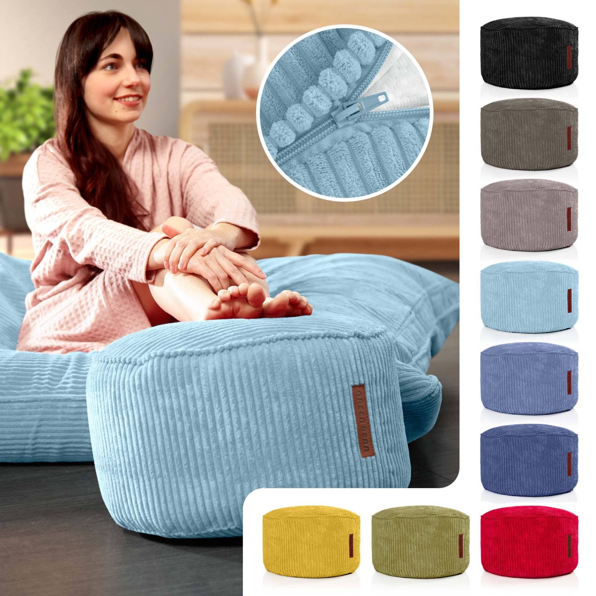 Green Bean Pouf Sitzsack-Hocker Pouf Cord 45x25cm (Indoor Sitzhocker Sitzkissen Fußhocker Relax-Sessel, Made in Germany), die ideale Ergänzung zum Sitzsack – Bild 5 von 5
