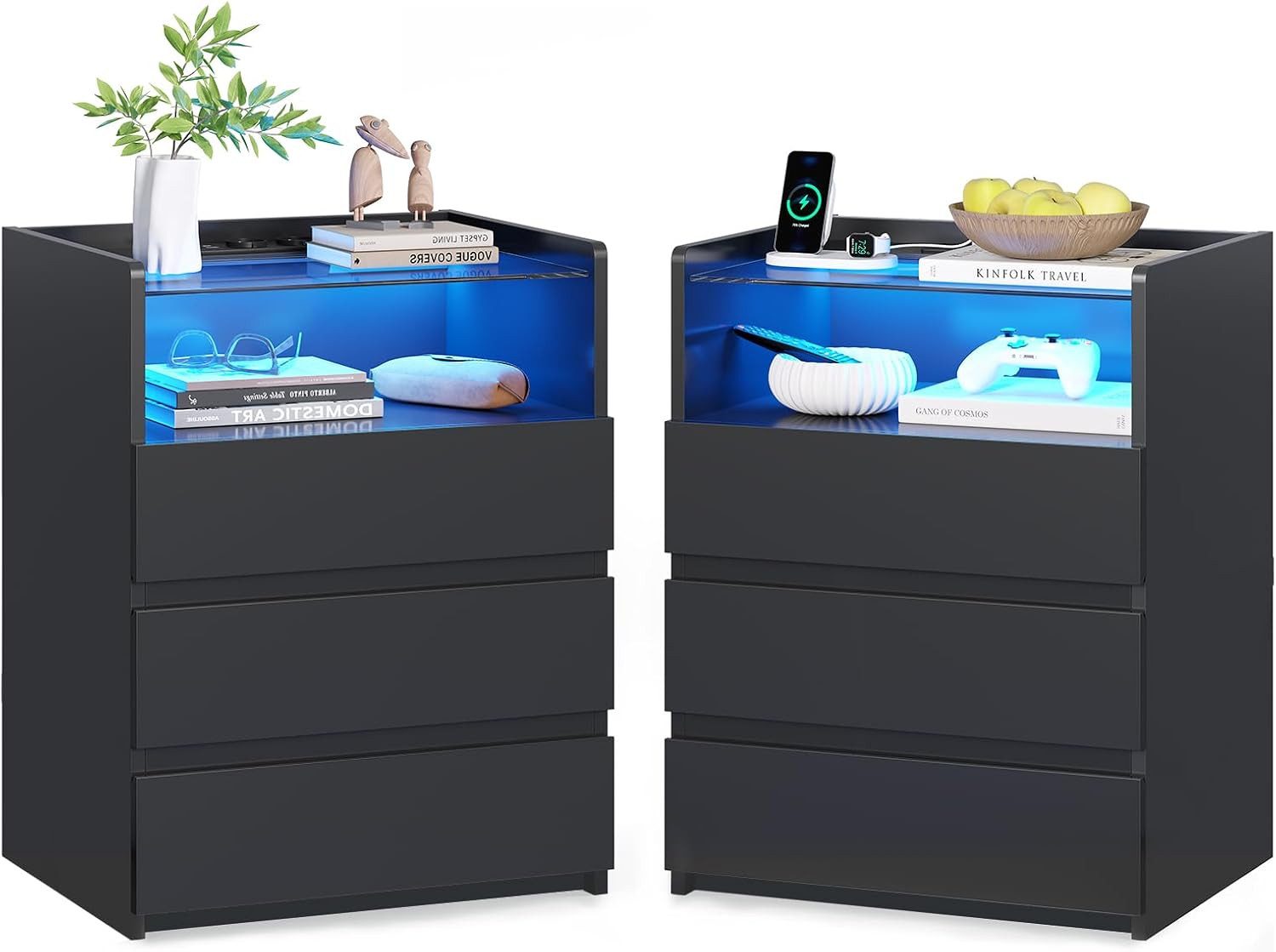 MSMASK Nachttisch mit LED-Beleuchtung und Steckdosen, 3 Schubladen, 45x35x61cm (2-St), Nachtschrank mit Sichtbarer Glastischplatte