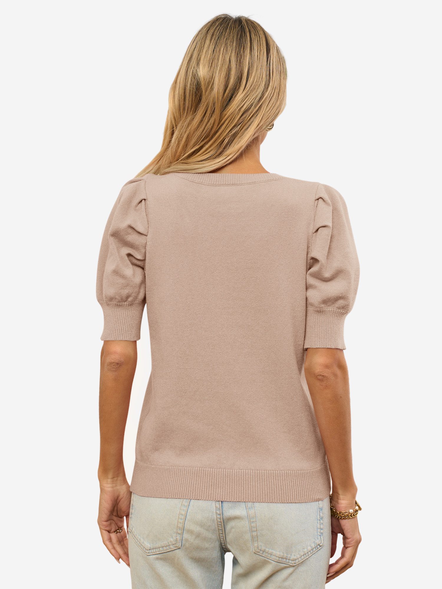 Imily Bela Stricktop Damen Halbarm Puffärmel V-Ausschnitt Top Stricken Somm günstig online kaufen