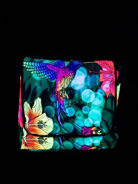 PSYWORK Tragetasche Schwarzlicht Umhängetasche Neon "Kolibri Hibiskus Flower, UV-aktiv, leuchtet unter Schwarzlicht