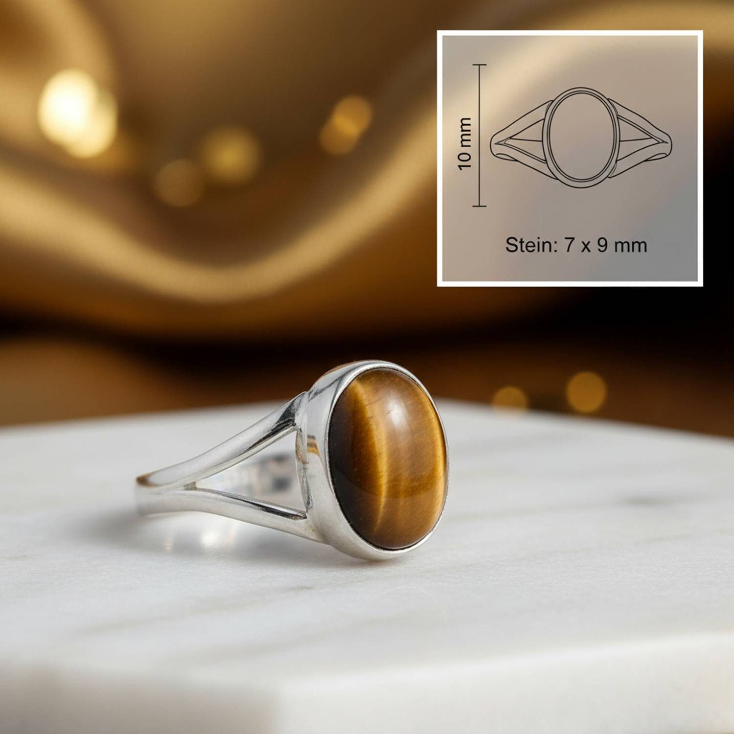 mantraroma Silberring HARDIN aus 925 Silber mit Tigerauge (Ring mit Schmuckbeutel), Damenring aus 925er Silber