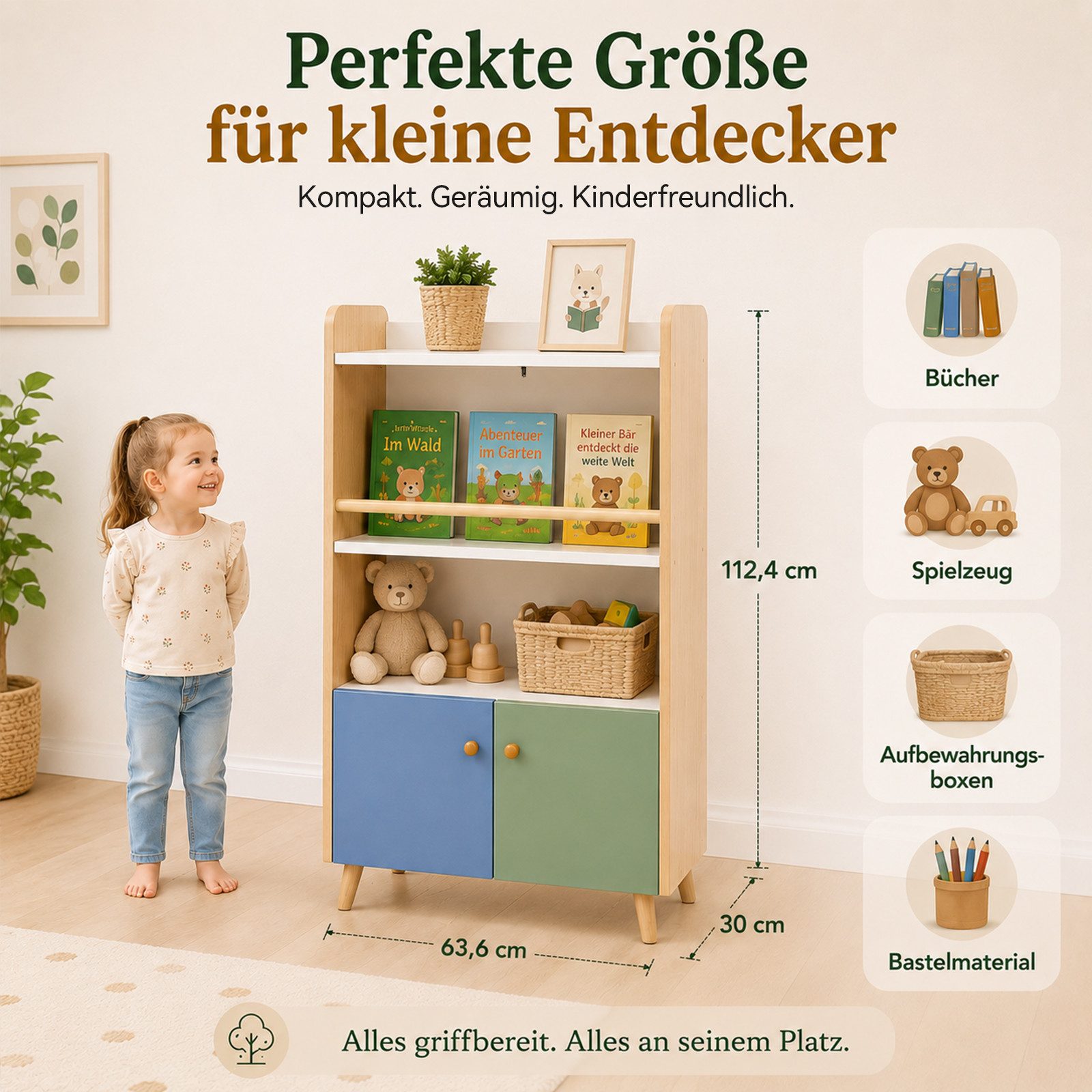 ALVIX Kinderregal NESTA 4, 4-in-1 mit frontaler Buchablage, 2 Türen und Kippschutz