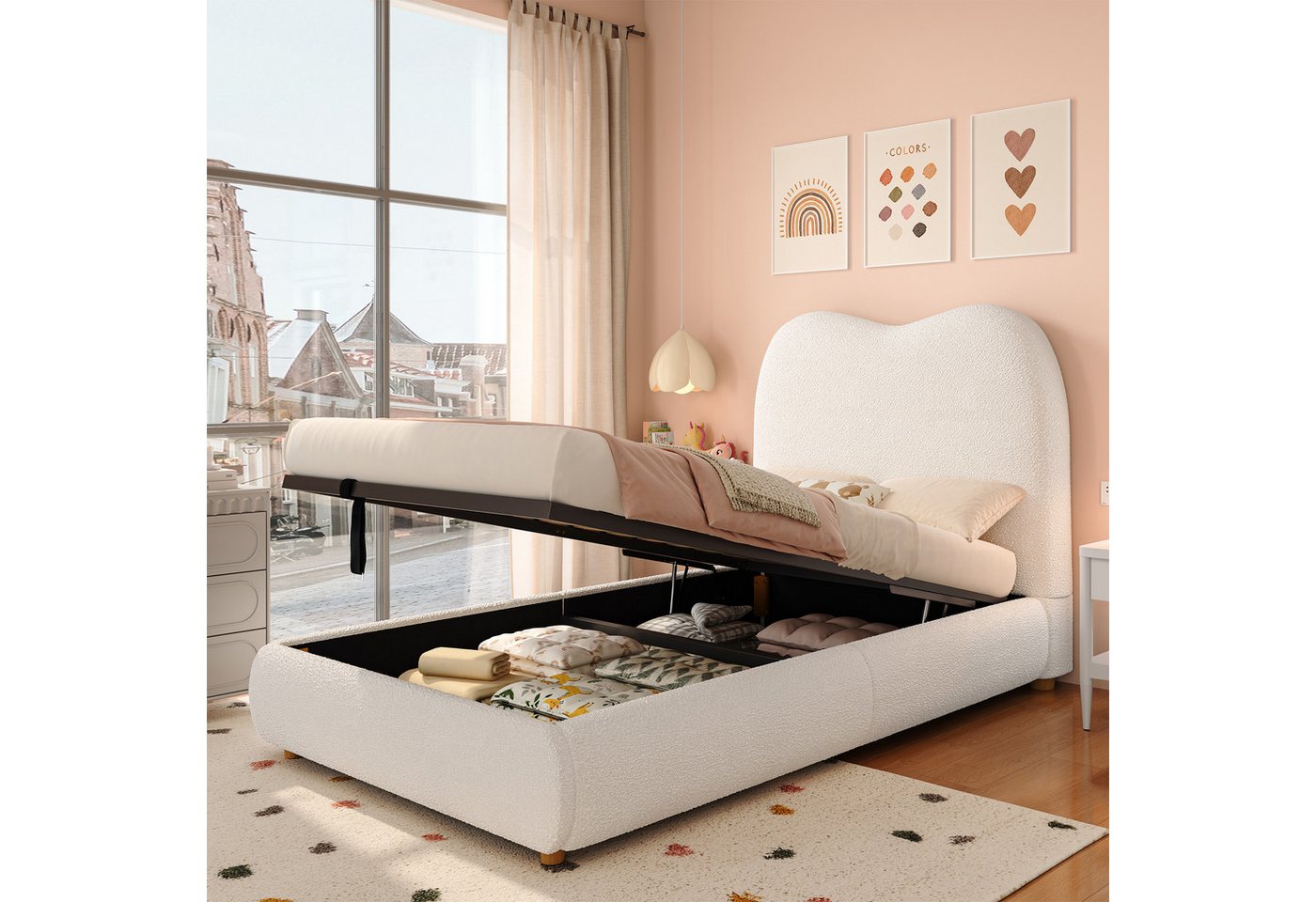 Odikalo Polsterbett Kinderbett 90x200 mit Bettkasten beige rosa (Polsterbett, Einzelbett, Kinderbett 90 x 200cm, hydraulisches Funktionsbett, Bett mit Lattenrost, Kopfteil und großem Stauraum, gepolstertes Kopfteil, boucl)