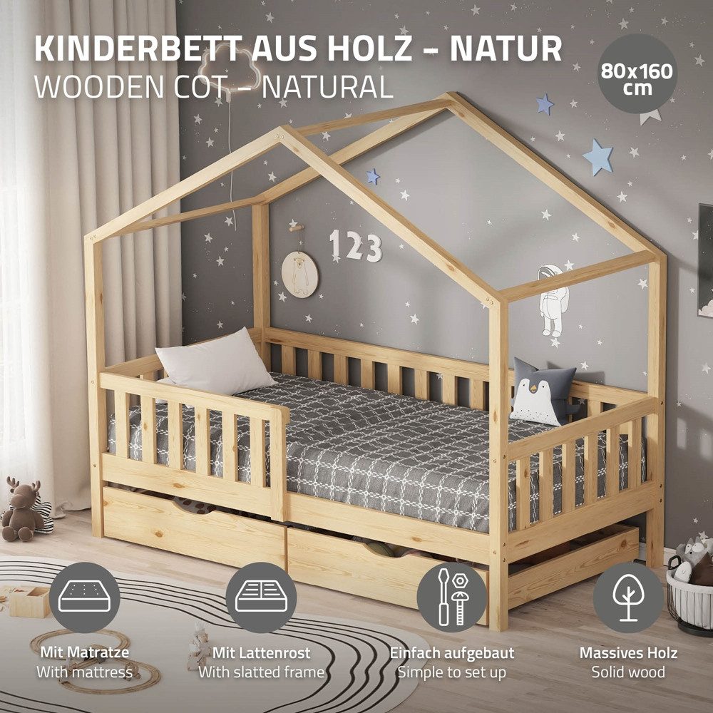 ML-DESIGN Spielbett Hausbett Kinderbett inkl. 2 Schubladen, Lattenrost und Rausfallschutz, Abenteuerbett 80x160cm mit Matratze Himmelbett Kiefer Jugendbett Natu – Bild 2 von 5