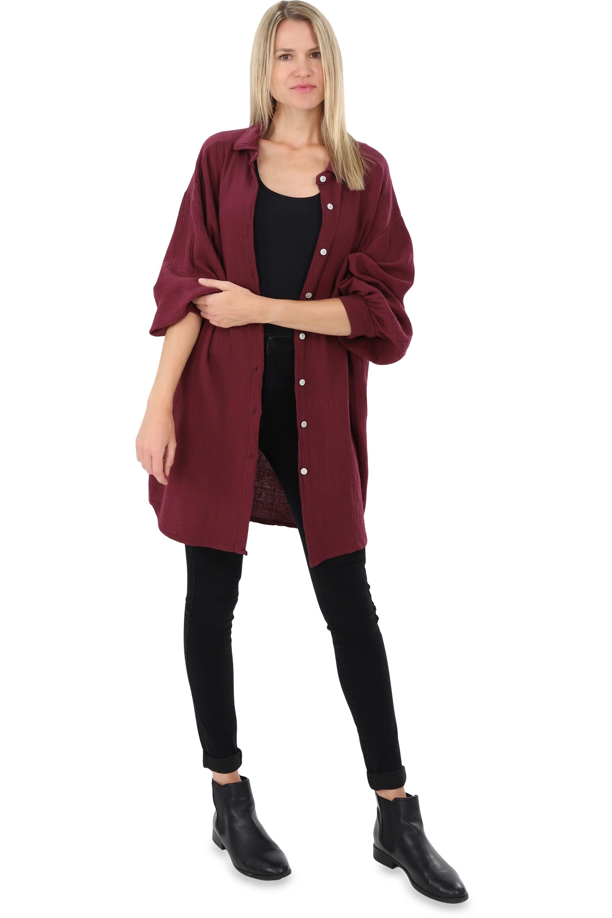 malito more than fashion Hemdbluse malito Damen Musselin Bluse, Oversize Blusenhemd im lässigem Look, weicher Musselinstoff - Einheitsgröße