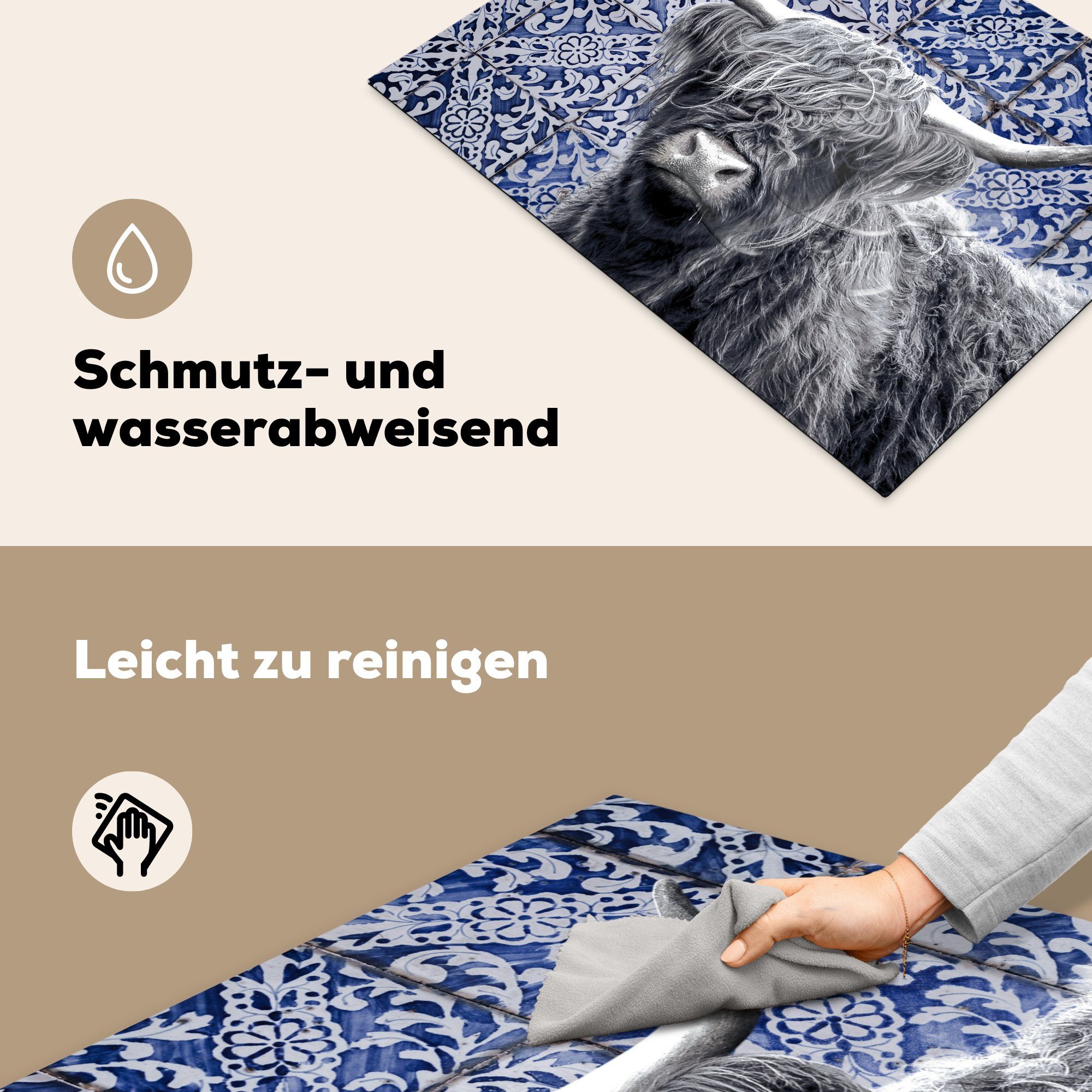 MuchoWow Herdblende-/Abdeckplatte Delfter Blau - Schottischer für - küche, cm, Vinyl, Schwarz - Highlander (1 Weiß, Schutz Ceranfeldabdeckung die Induktionskochfeld 71x52 tlg)