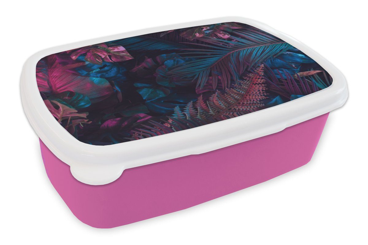 MuchoWow Lunchbox Dschungel - Blätter - Blau - Rosa - Mädchen - Kind, Kunststoff, (2-tlg), Brotbox für Erwachsene, Brotdose Kinder, Snackbox, Mädchen, Kunststoff
