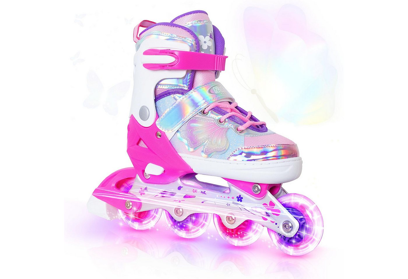 Nattork Inlineskates Kinder Inliner für Mädchen, 4 Größen verstellbar, Schmetterling Inline Rollschuhe (Größe M: 32-36 EU / 205-230 mm)