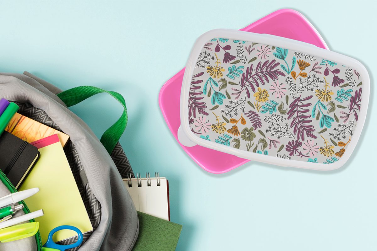 (2-tlg), Brotbox Kunststoff MuchoWow Kunststoff, Brotdose Blätter Blumen rosa - Snackbox, Lunchbox Erwachsene, für Kinder, - Muster, Mädchen,