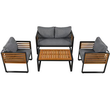 MODFU Gartenlounge-Set Gartenmöbel-Set mit Eisenrahmen, (1x2-Sitzer-Sofa, 2x Einzelstühle, 1x Tisch), Graue, dekorative Armlehnen aus Holz