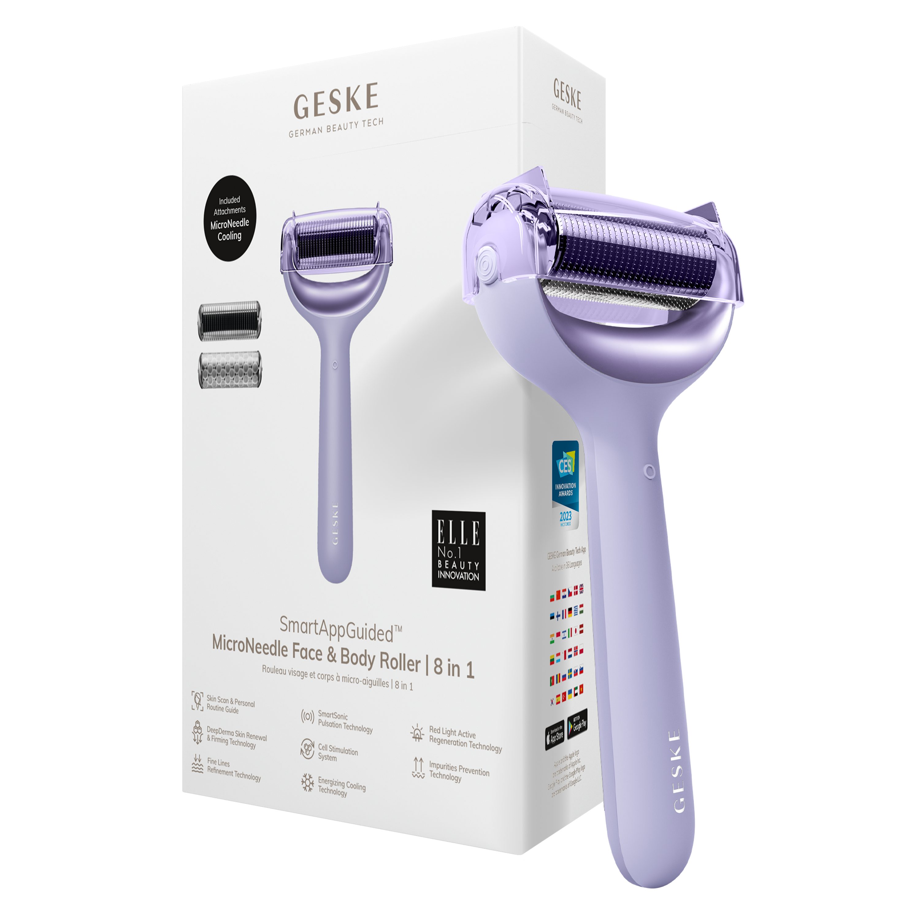 GESKE German Beauty Tech Micro-Needling SmartAppGuided™ MicroNeedle Face & Body Roller 8 in 1, Packung (Gerät & USB-Ladekabel), 4-tlg., Gerät inkl. kostenloser APP (SmartAppGuided Device), Mit der GESKE App erhältst Du deine personalisierte Hautpflegeroutine. Purple