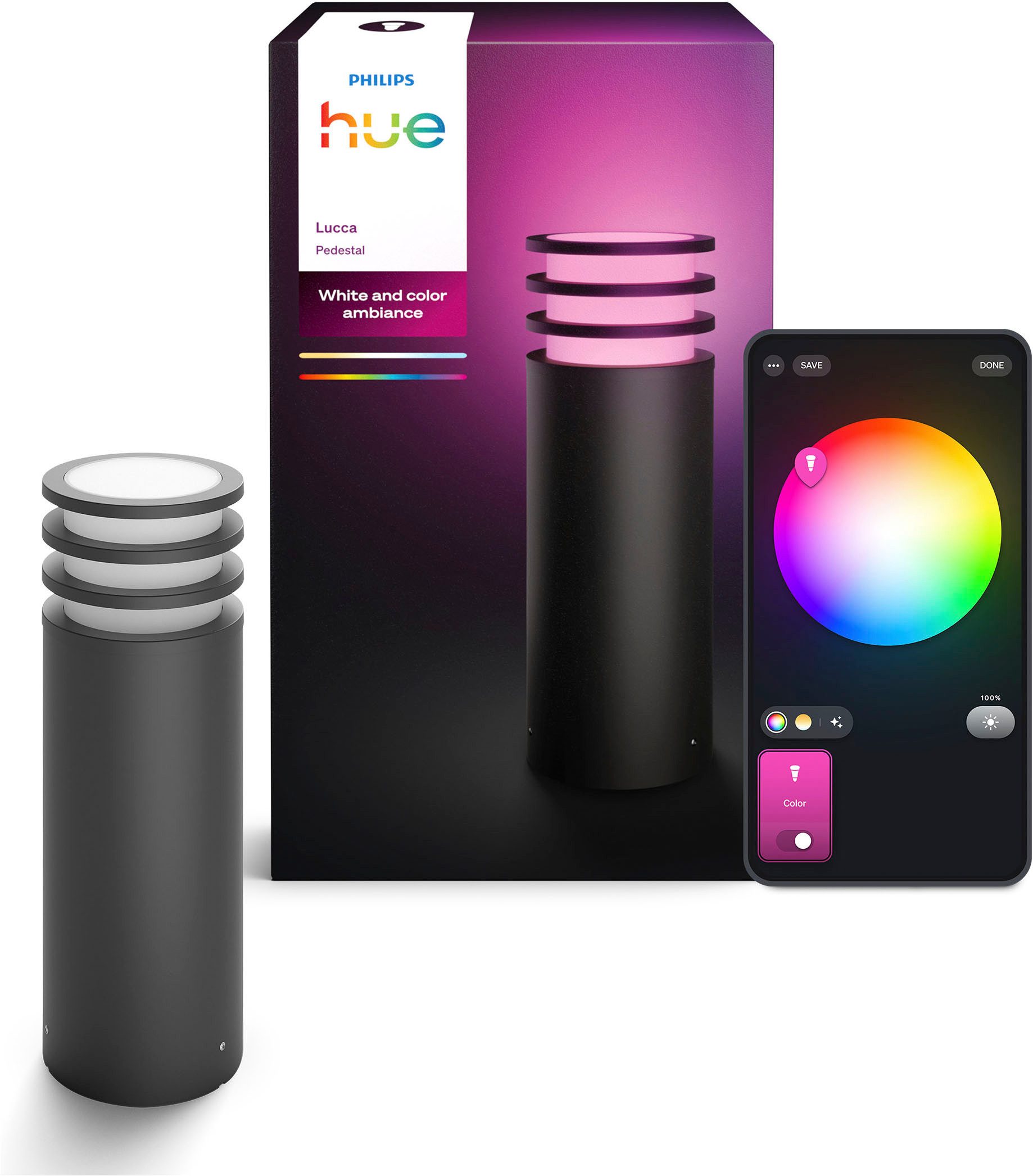 Philips Hue LED Sockelleuchte Lucca White & Color Ambiance, Abschaltautomatik, Bluetooth, CCT - über Fernbedienung, Dimmer, Dimmfunktion, Einschlafhilfe, Farbsteuerung, Farbwechsel, Memoryfunktion, Nachtlichtfunktion, RGB, Smart Home, Tageslichtsensor, Ti