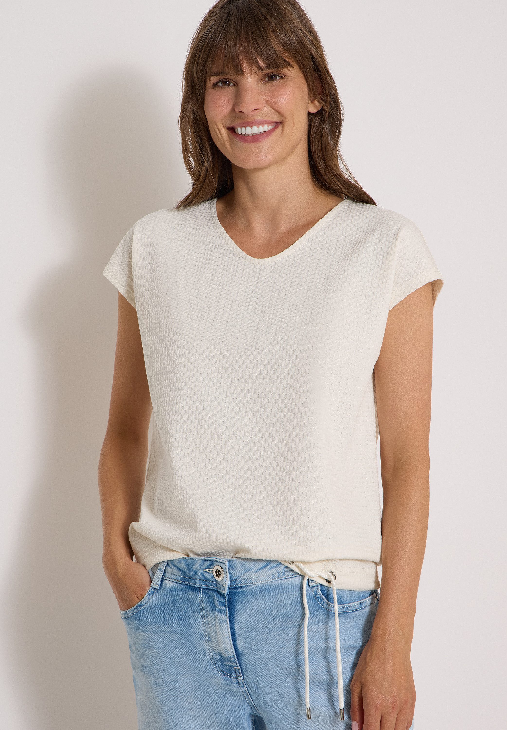 CECIL T-Shirt Sommershirt mit Waffel-Struktur, Baumwollmix, Kordelzug am Saum
