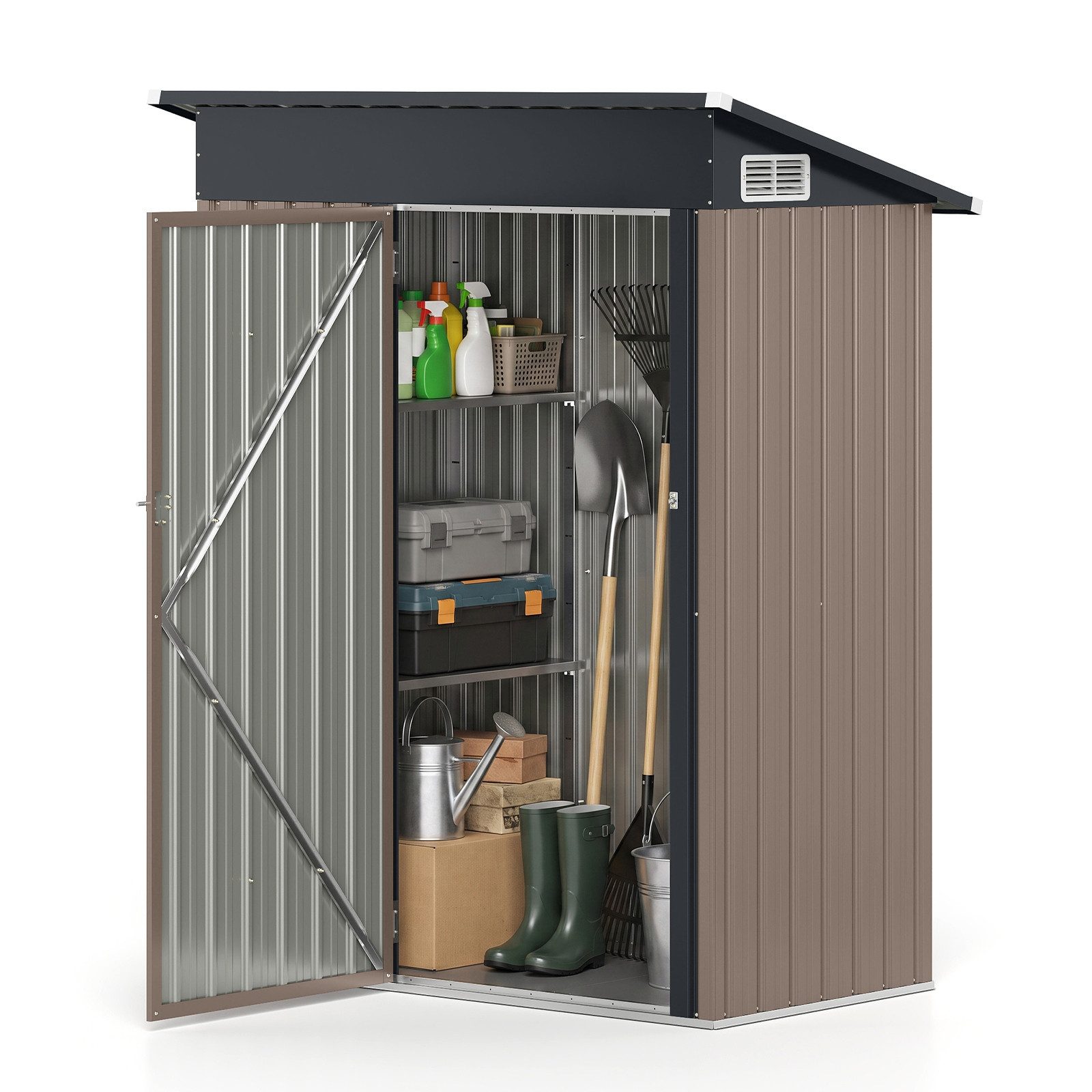COSTWAY Gerätehaus Geräteschuppen aus verzinktem Metall Hellbraun 150 x 89,5 x 186 cm