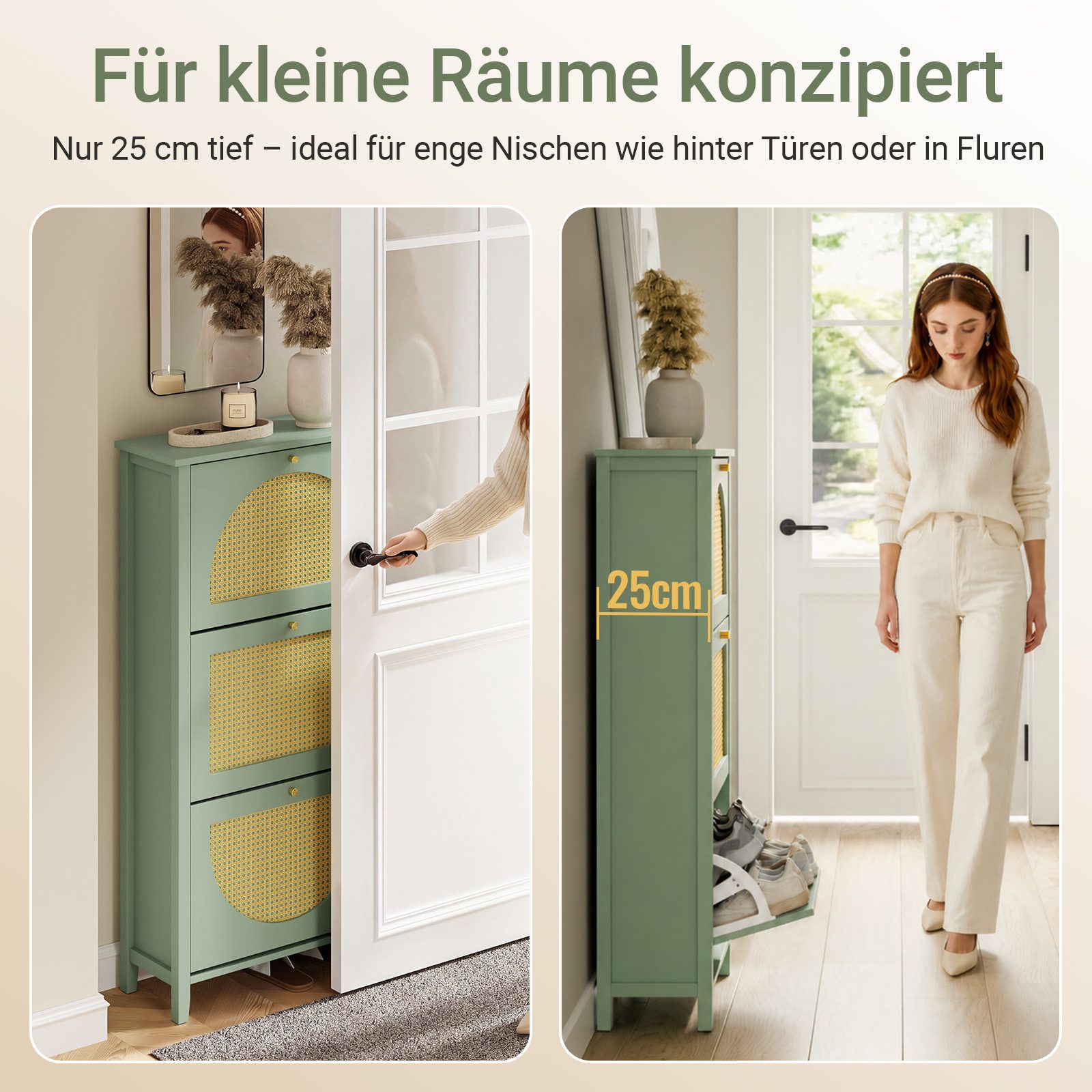 SoBuy Schuhkipper FSR222, Schuhschrank schmal mit 3 Klappen, Wiener Geflecht Fronten (1er Set), Platzsparend für Flur oder Schlafzimmer, bis zu 18 Paar Schuhe
