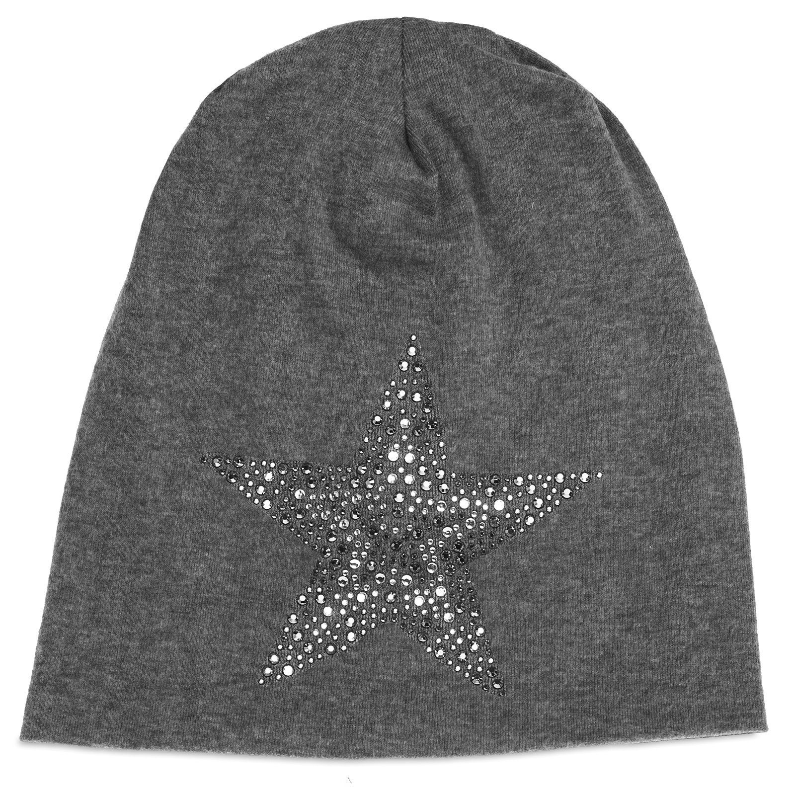 Strass Stoff Flanell Stern Mütze MU153 Beanie Caspar warmem mit und dunkelgrau